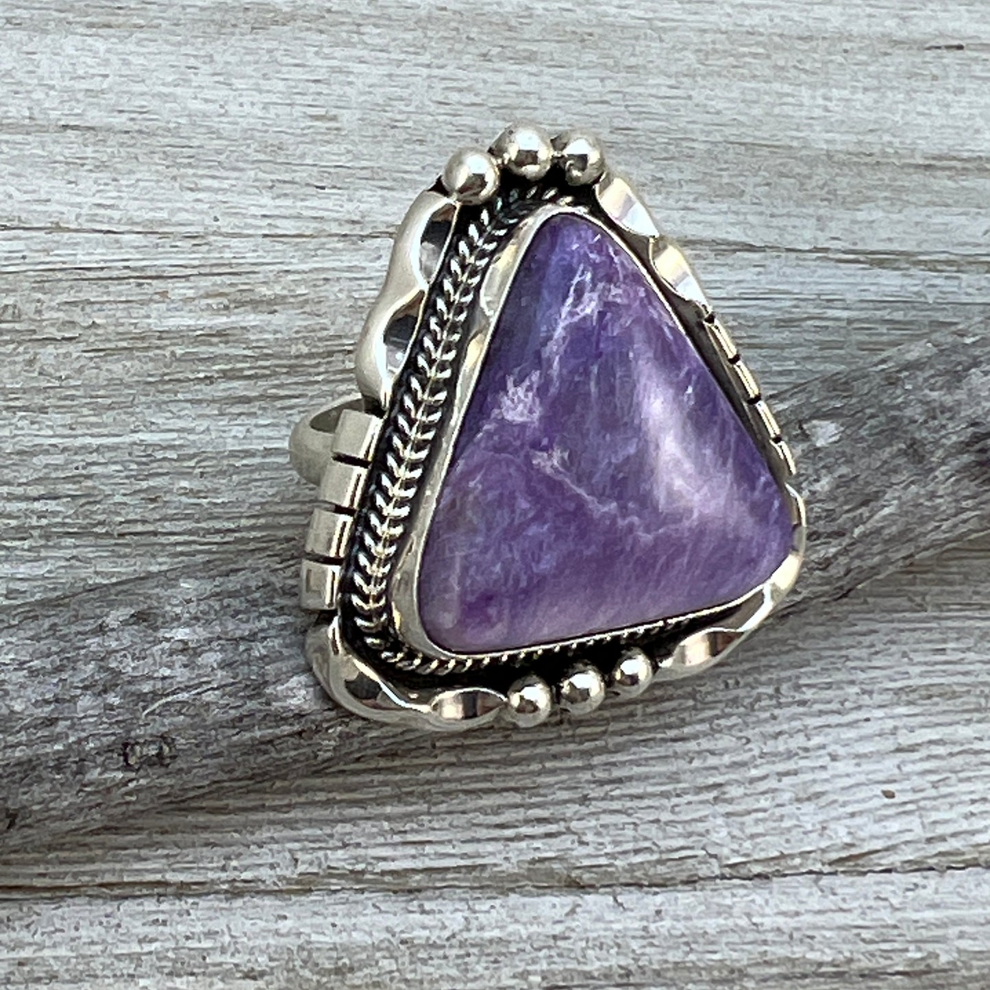 Size 8 3/4” Charoite sterling silver handmade ring #14 Navajo Samuel Yellowhair