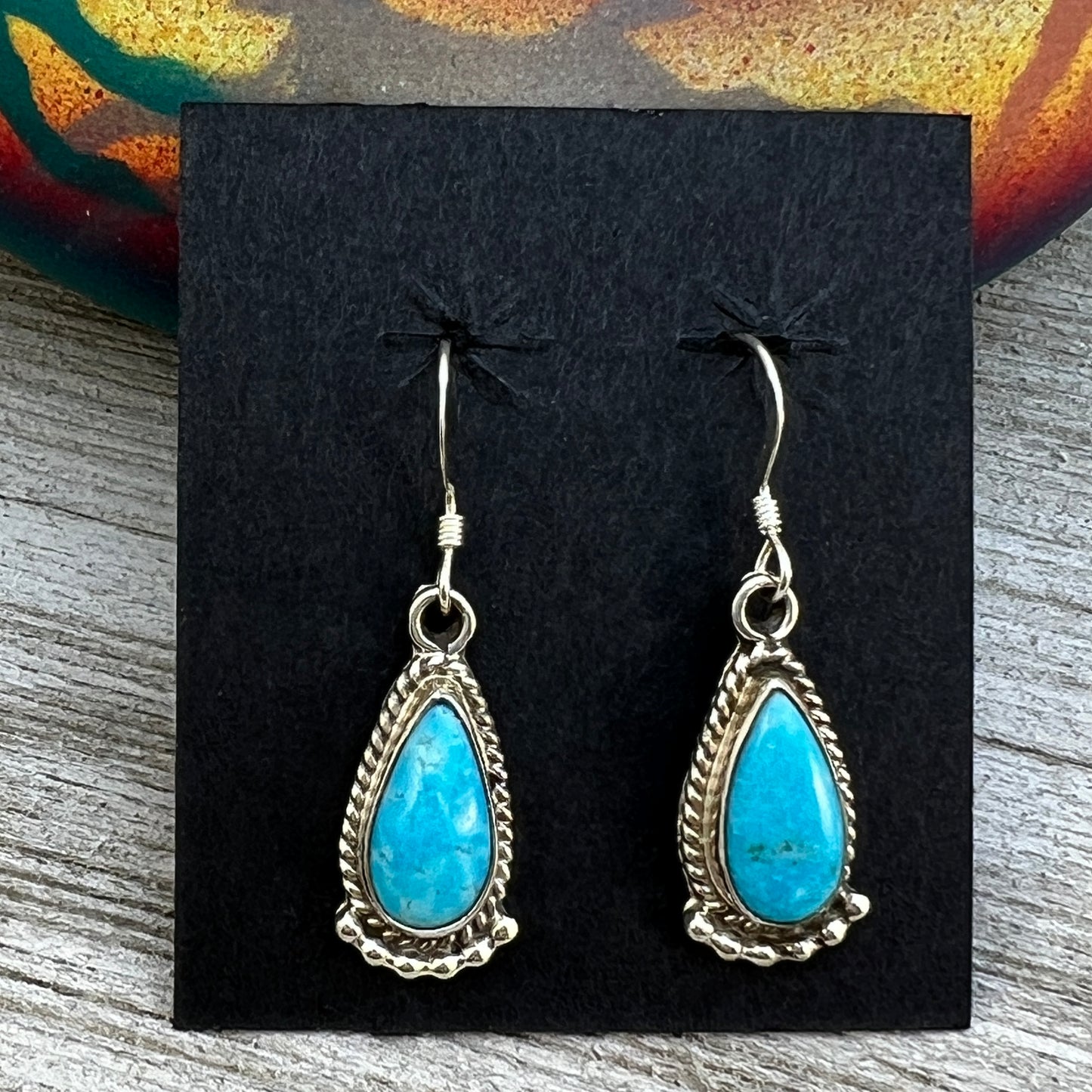 Small Dainty teardrop turquoise dangle earrings #3, sterling silver, Navajo handmade, Sharon McCarthy