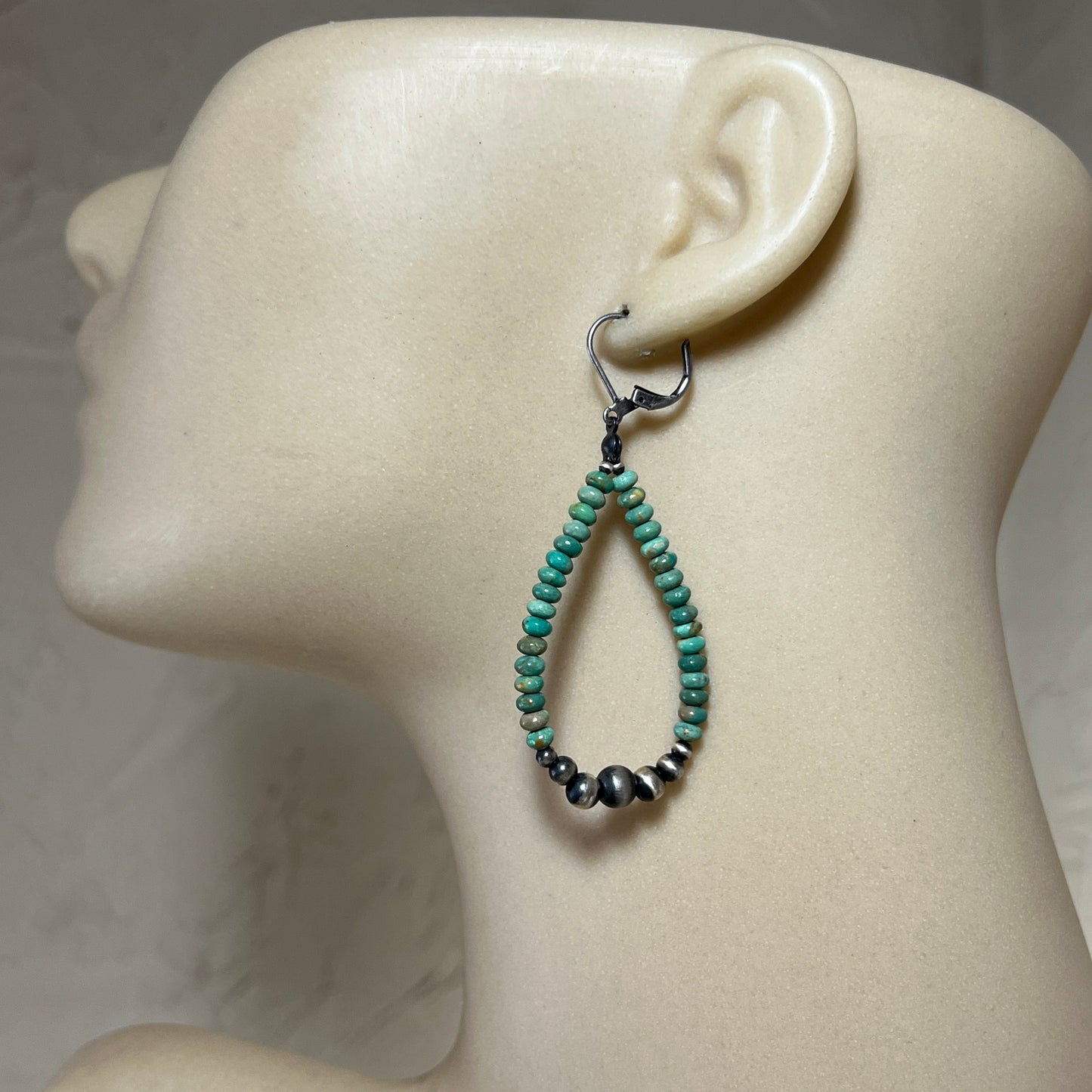 Green Turquoise hoop earrings Sterling silver Western pearls  802