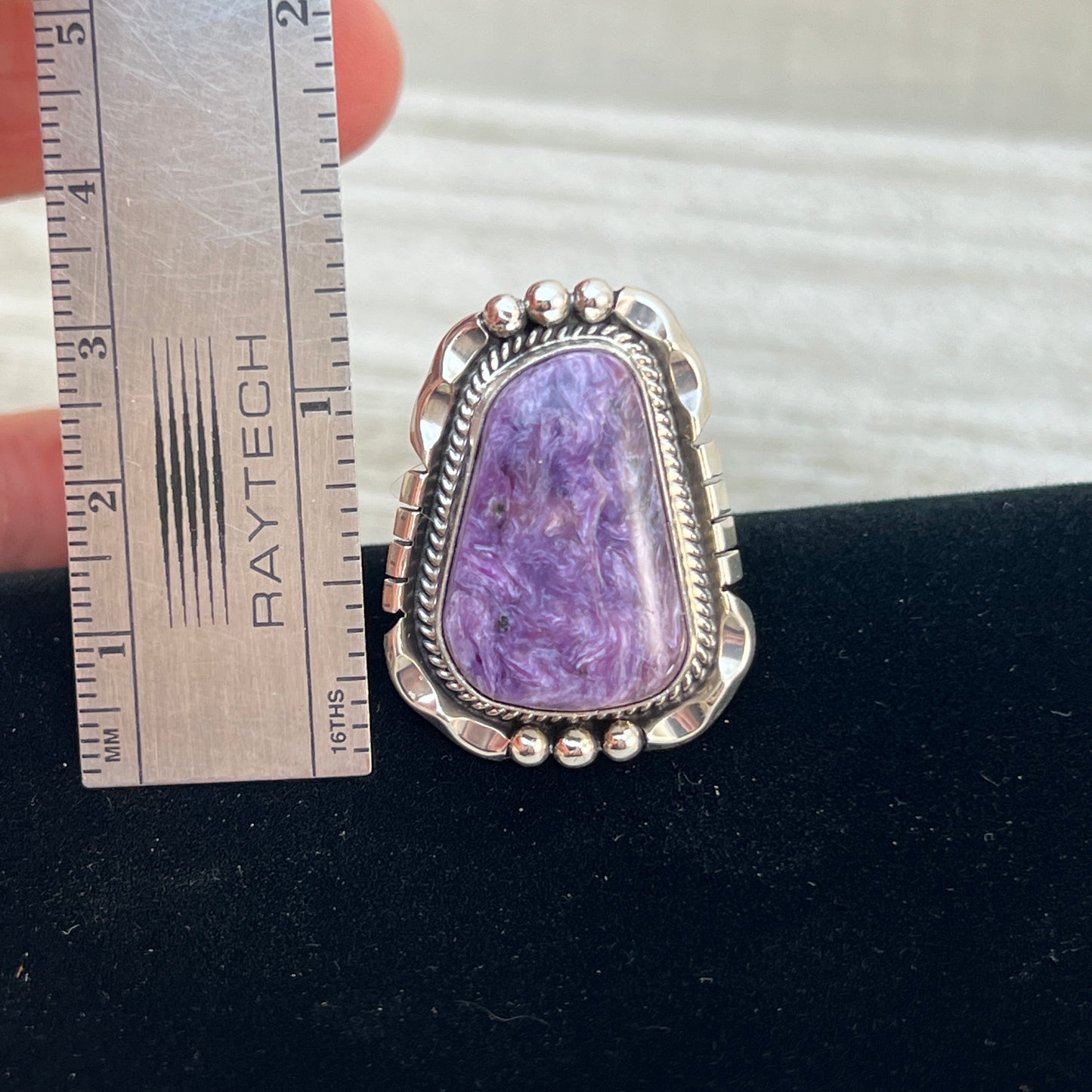 Size 6 Charoite sterling silver handmade ring #6, Navajo Samuel Yellowhair