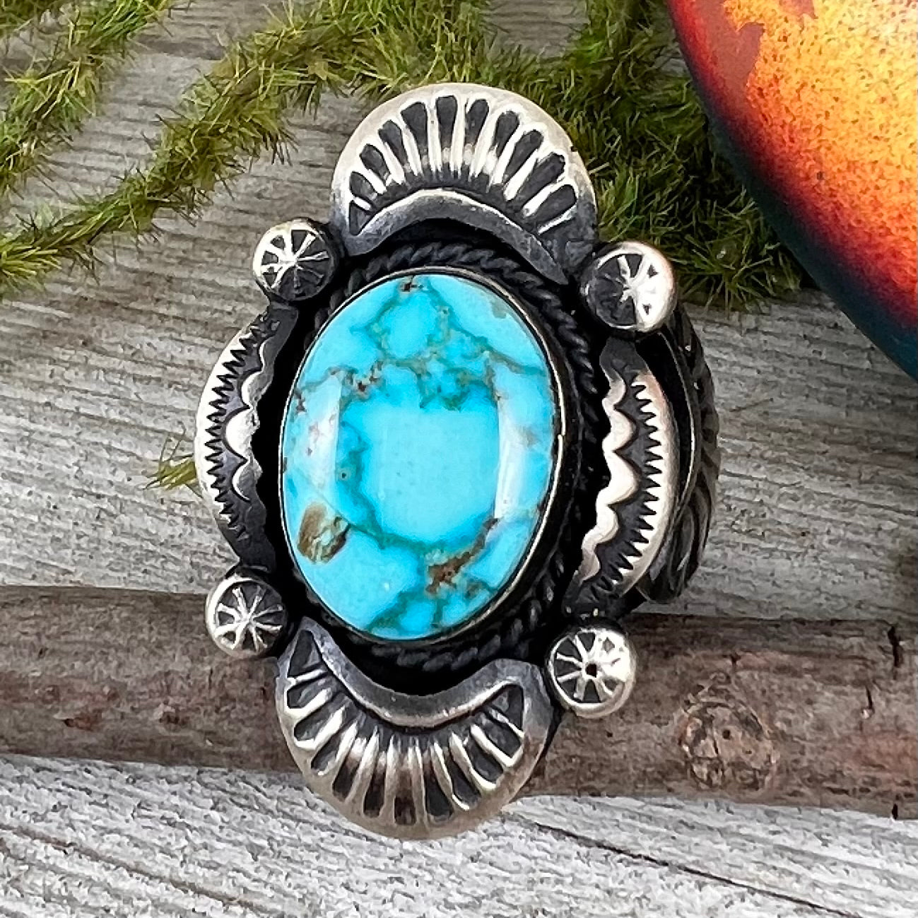 Size 7.5 / A Beautiful High Grade, Blue, Kingman spiderweb Turquoise ring, Heavy handmade by Navajo artist, Gilbert Tom, signed,