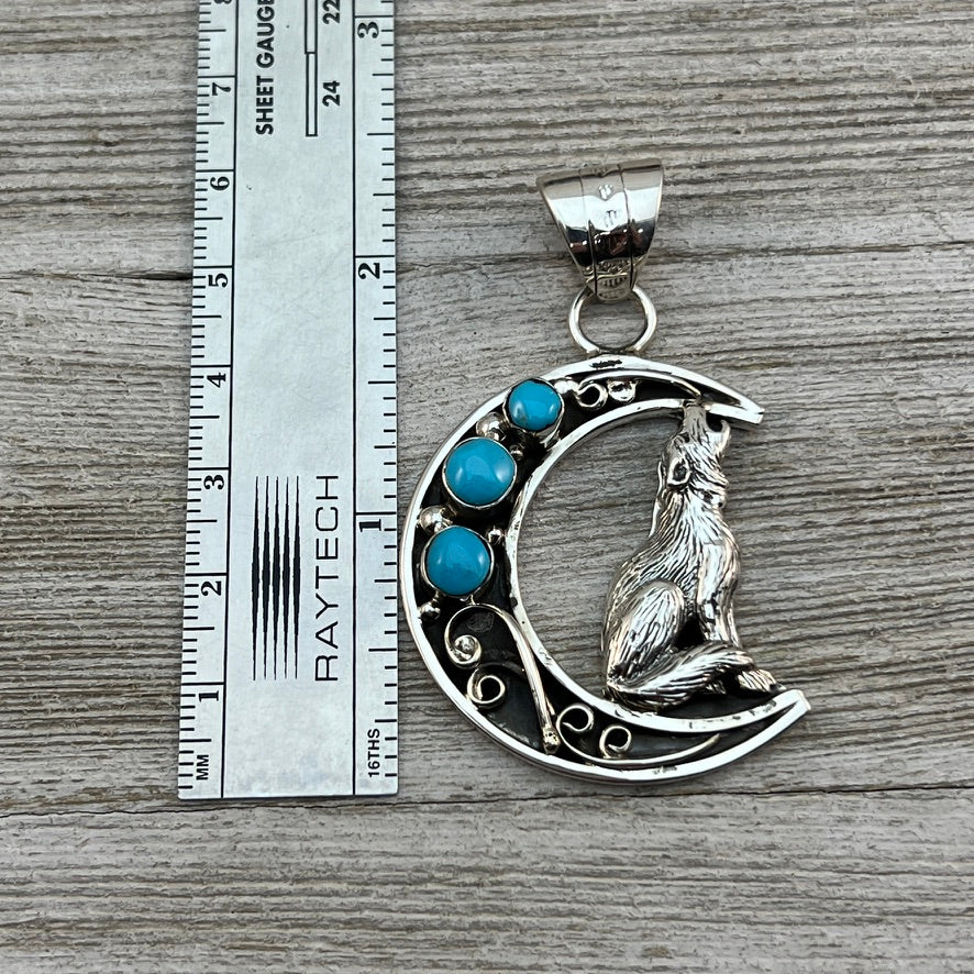 Howling Wolf Coyote moon pendant #3, Campitos turquoise, sterling silver,  Navajo handmade, Jennifer Cayaditto, signed, men women