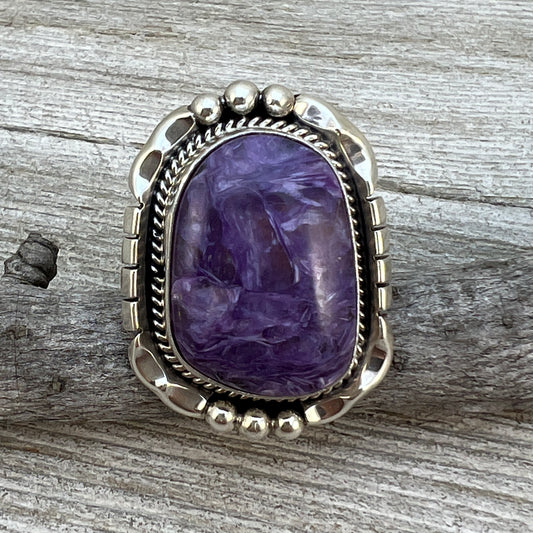 Size 7 Charoite sterling silver handmade ring #4, Navajo Samuel Yellowhair