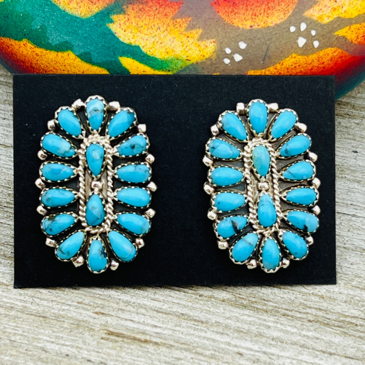 Turquoise Petit Point Oval Cluster Earrings Gerald Mitchell signed Sterling silver ER2