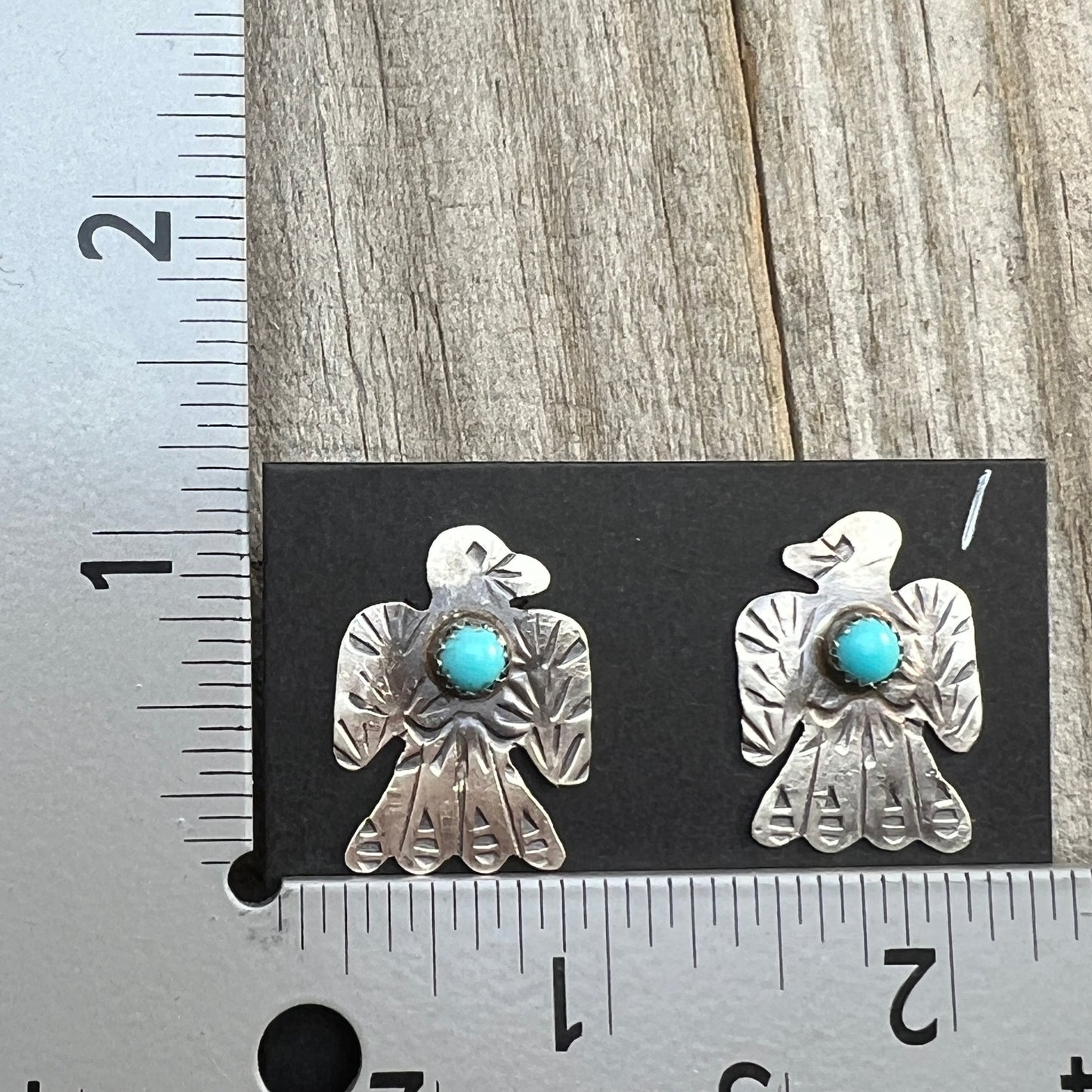 Turquoise thunderbird stud earrings oxidized Sterling silver Navajo Tim Yazzie 707
