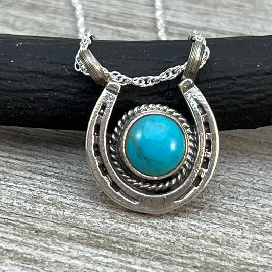 18" Sterling Silver Turquoise Horseshoe Necklace Cowgirl Rodeo Jewelry Annette Chiquito