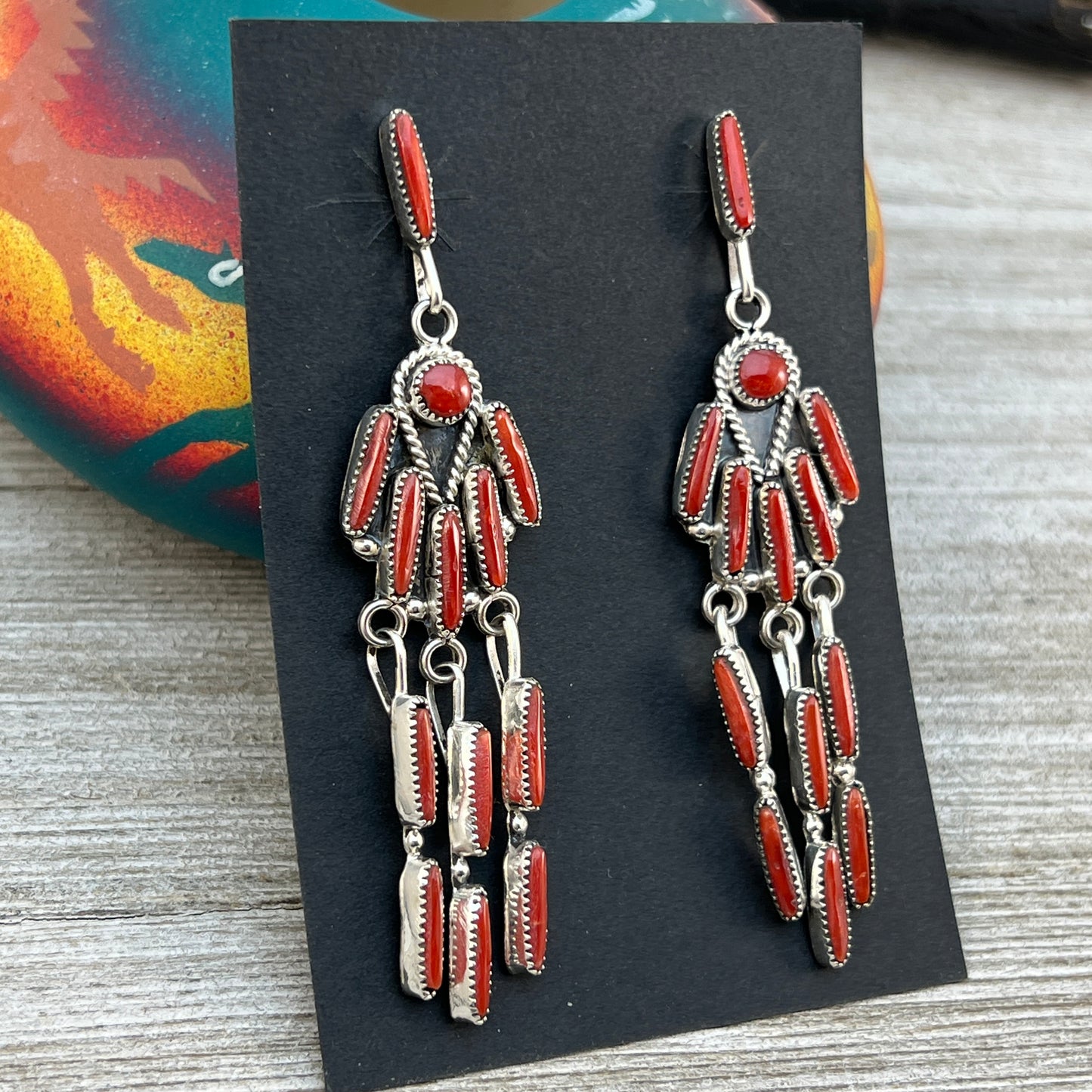 Long Red Natural Mediterranean Coral Zuni Earrings Authentic Claudine Penketewa