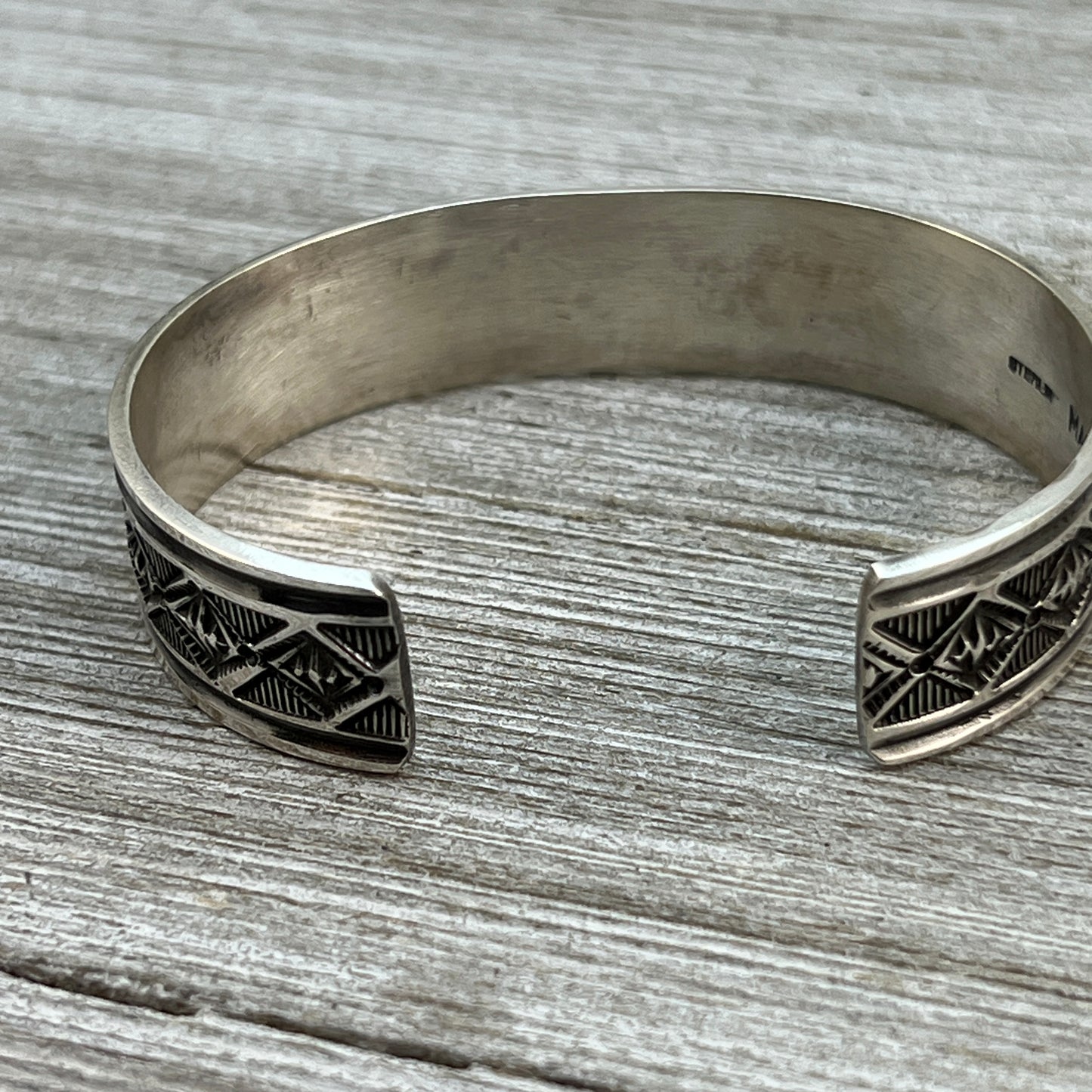 6.5" Sterling silver hand stamped Cuff Bracelet Navajo Leonard Maloney signed boho
