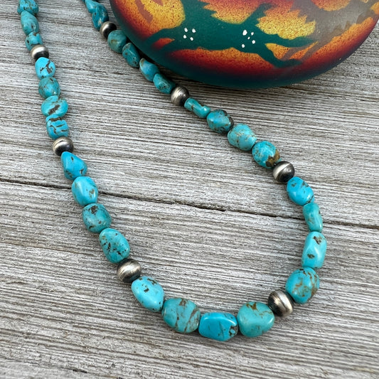 19 1/2" Kingman turquoise necklace with handmade sterling silver beads