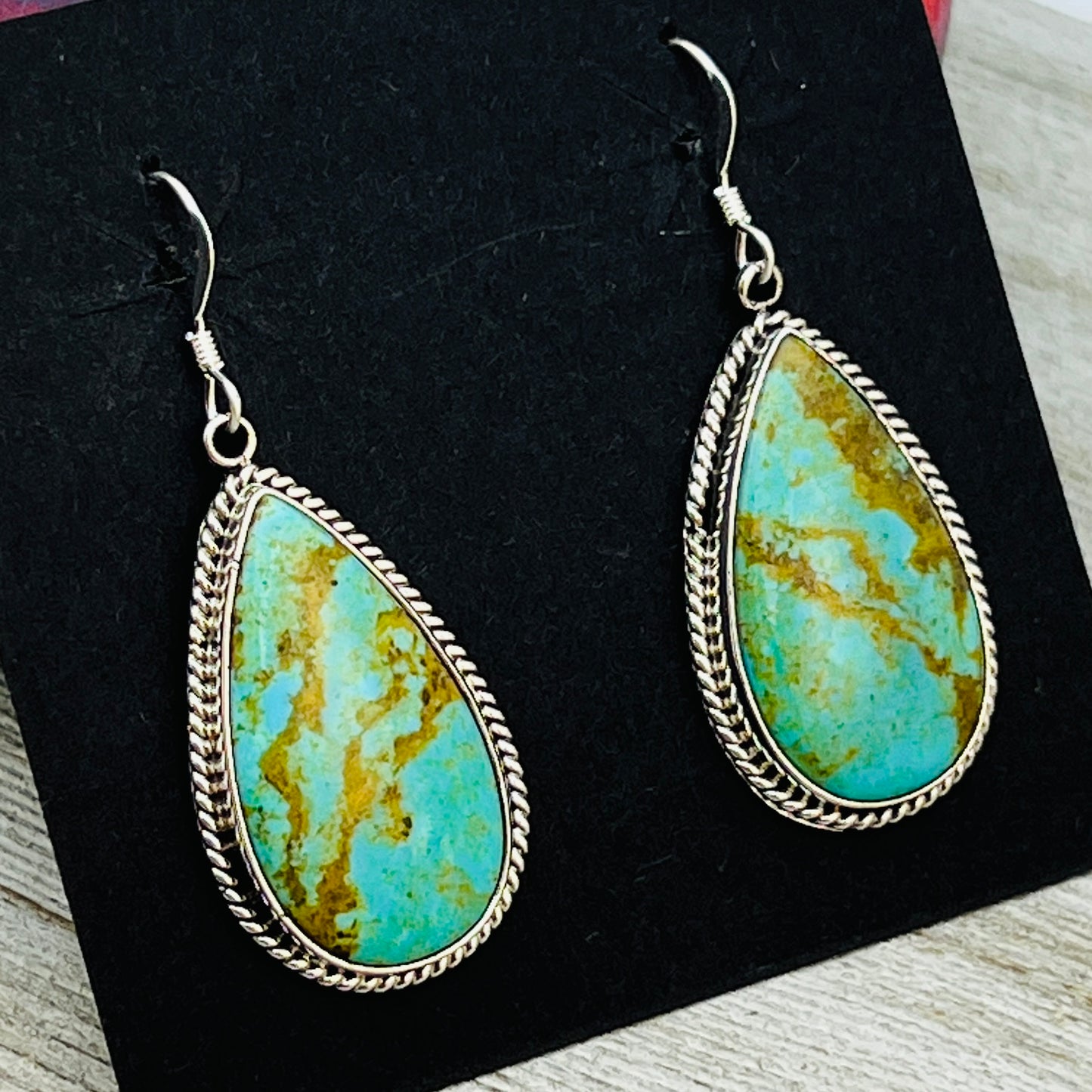 Blue turquoise teardrop earrings sterling silver Sharon McCarthy Navajo ER56