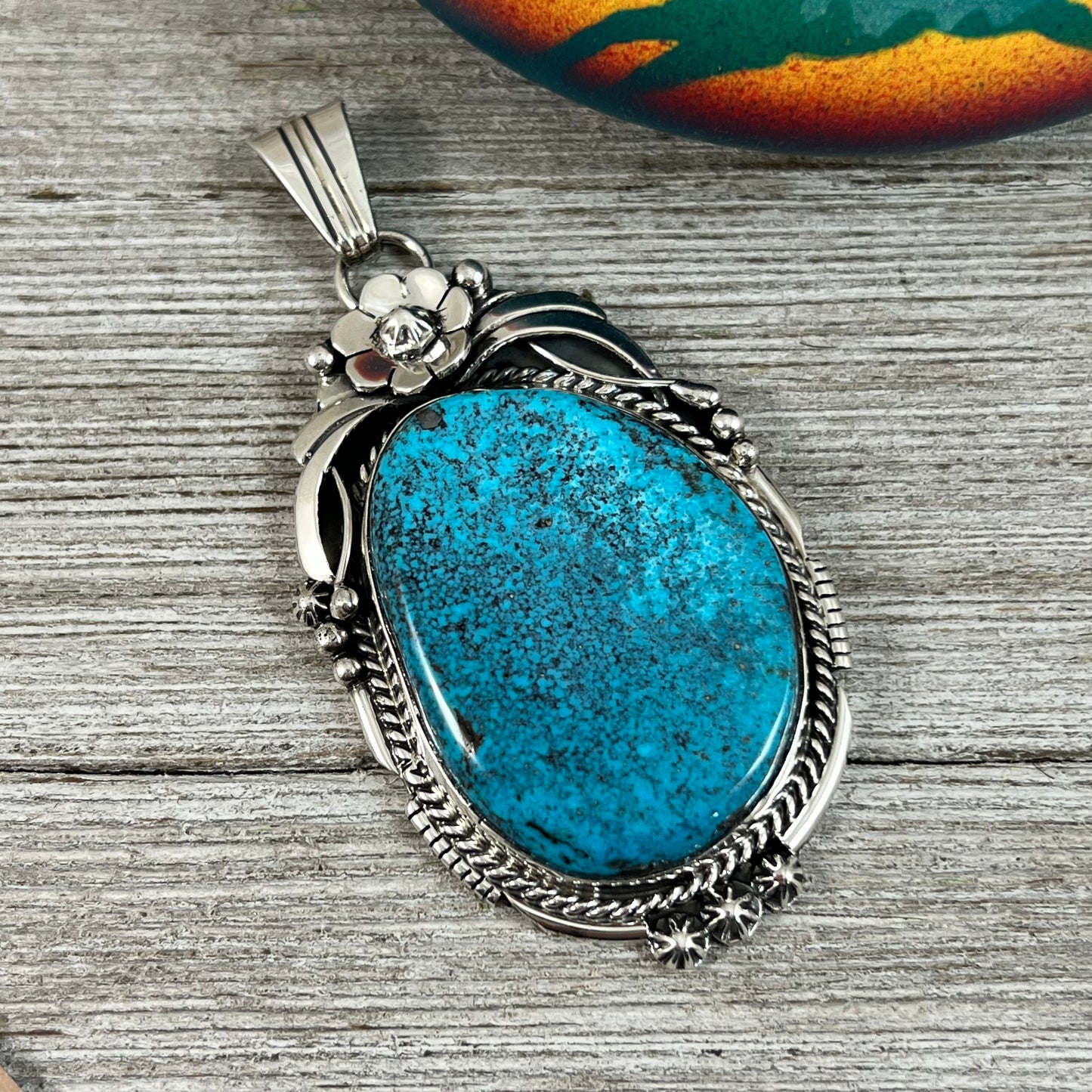 XL extra large, Blue Kingman turquoise pendant #2, Navajo handmade Rita Long, sterling silver, signed