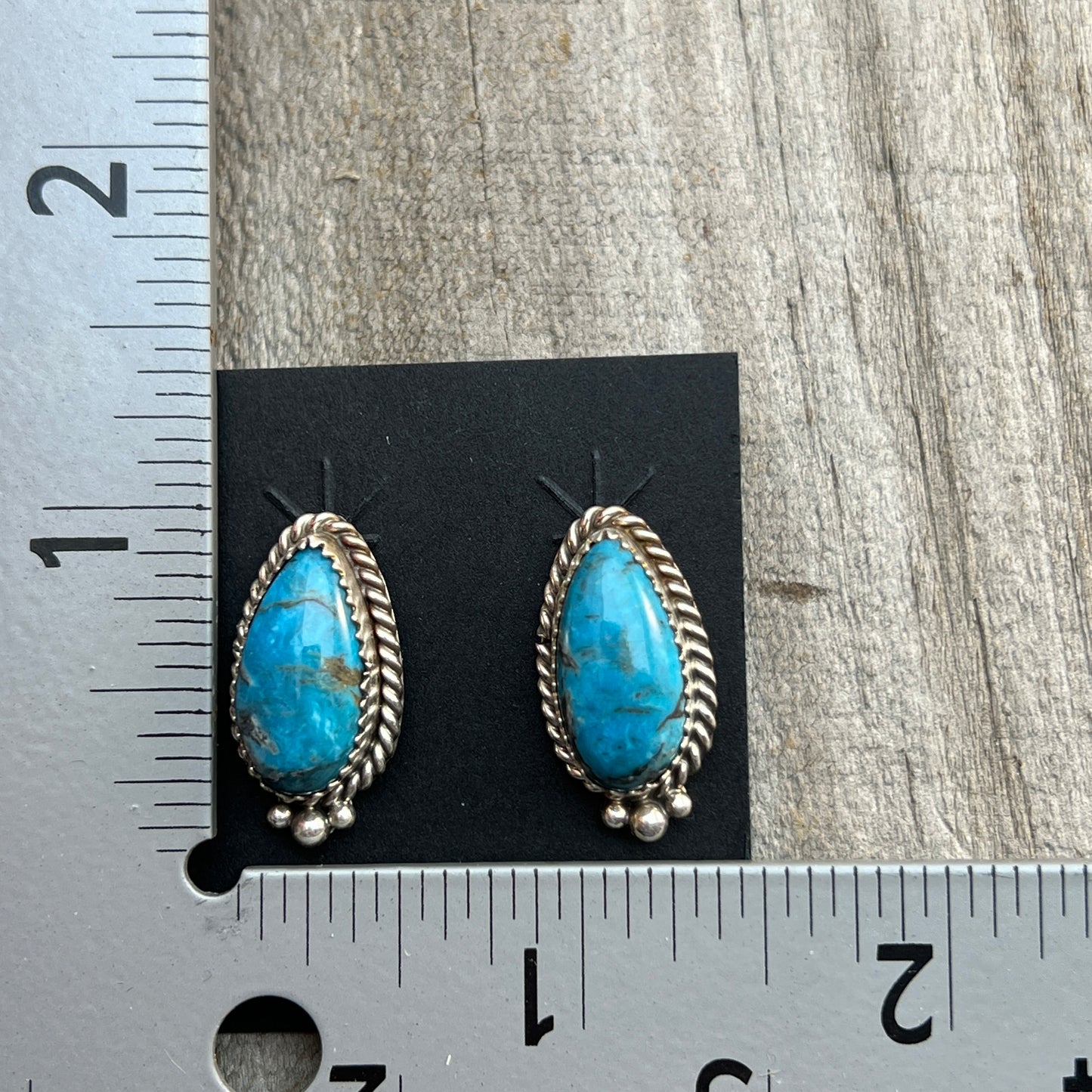 Blue Kingman Turquoise Teardrop stud earrings sterling silver Theresa Smith Navajo 716