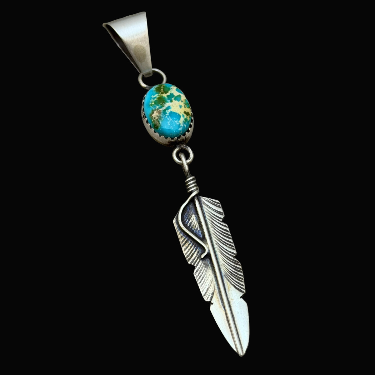Sonoran Gold Turquoise sterling silver Feather Pendant Chris Charley Navajo PD4