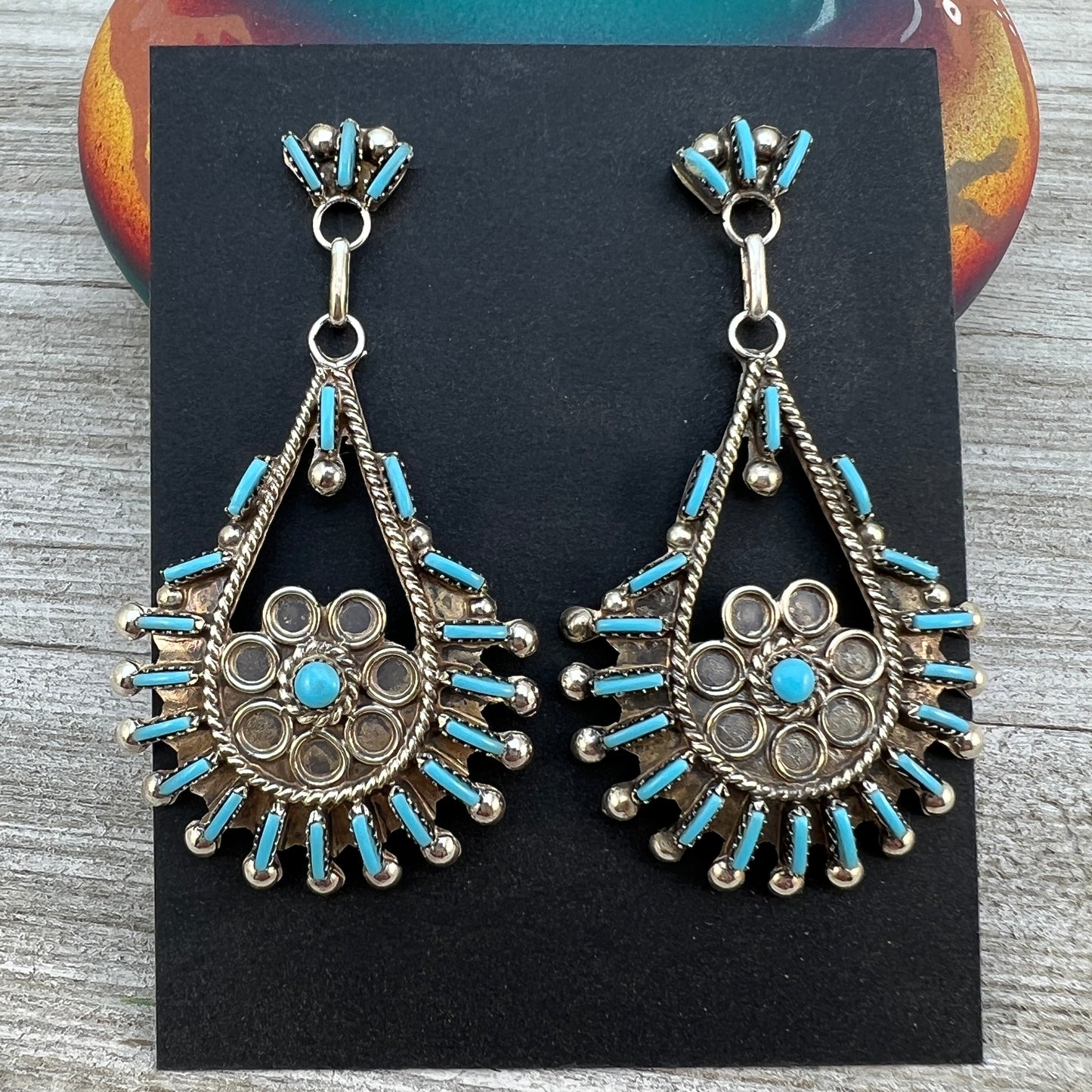 Zuni Needlepoint Turquoise Teardrop Dangle Earrings, Sterling Silver, PHILANDER GIA