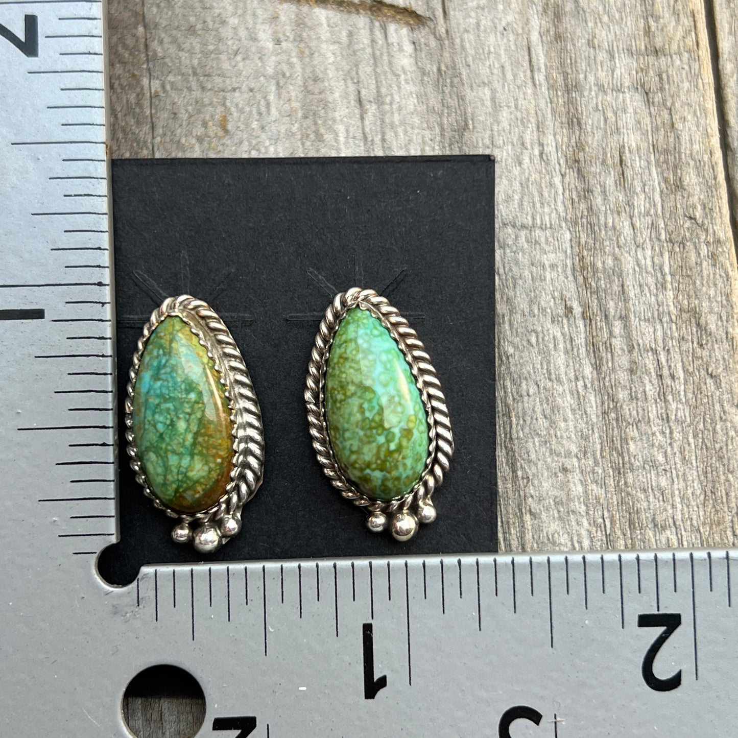 Green Kingman Turquoise Teardrop stud earrings sterling silver Theresa Smith Navajo 720