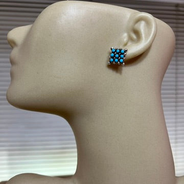 Zuni Turquoise small square snake eye stud earrings, sterling silver, handmade by Calvert Lamy