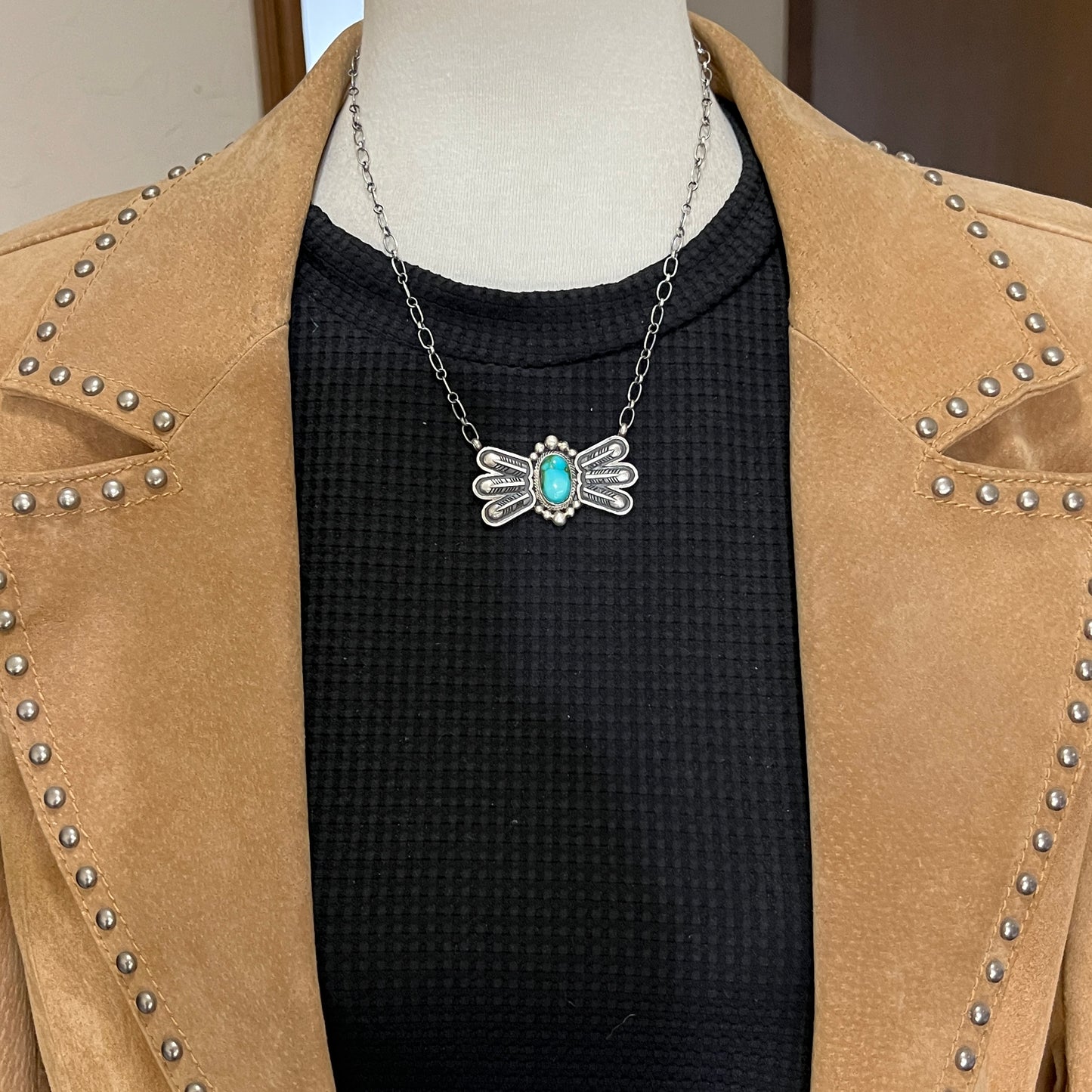 17 1/2"Sonoran Turquoise Necklace Feather sterling silver Navajo Verley Betone boho 3