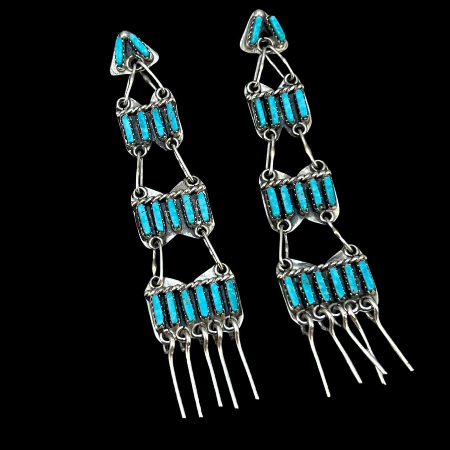Navajo Needlepoint Turquoise Chandelier long Earrings Sterling Silver Geraldine Faber Signed