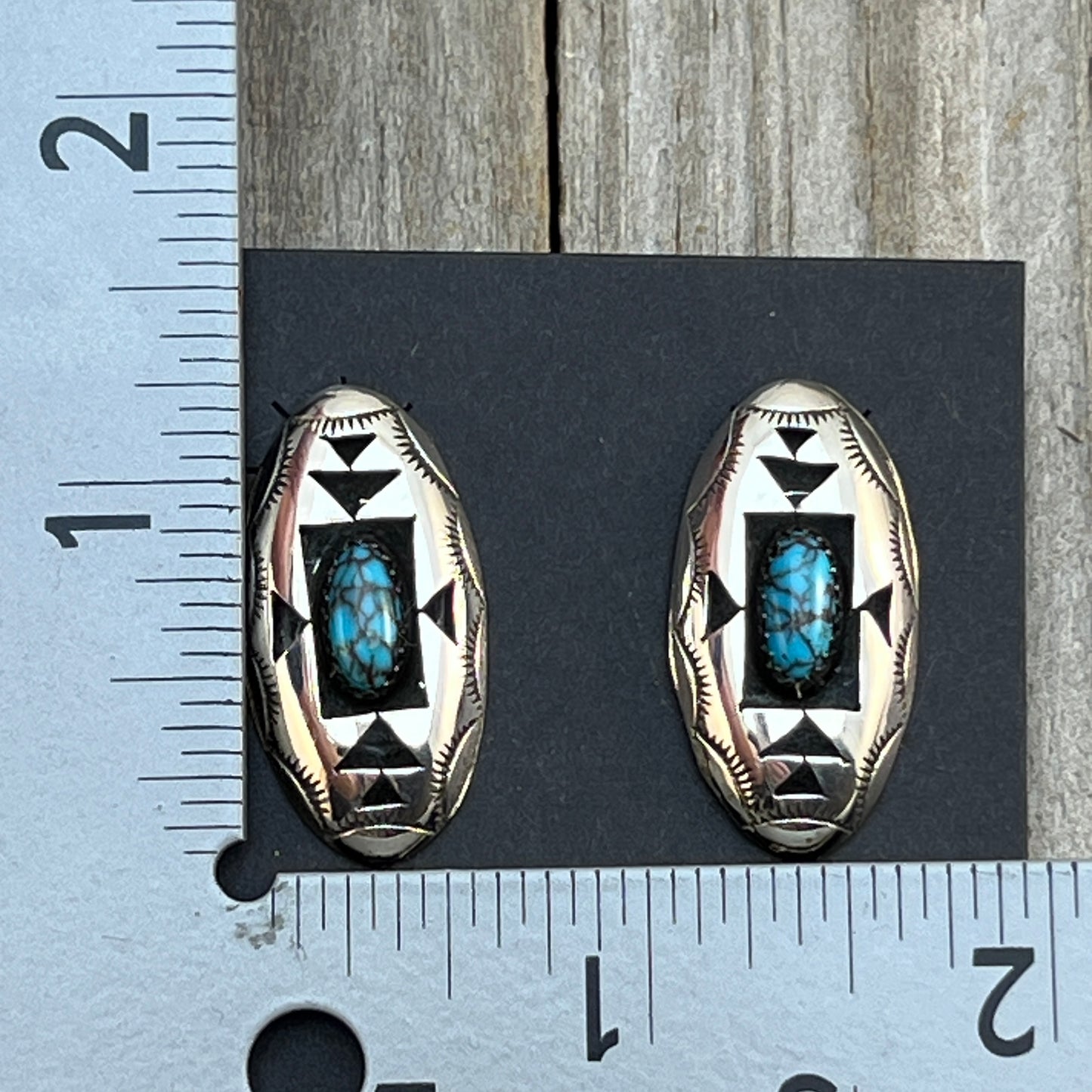 oval concho shadowbox post stud earrings, sterling silver turquoise Felix Perry 834
