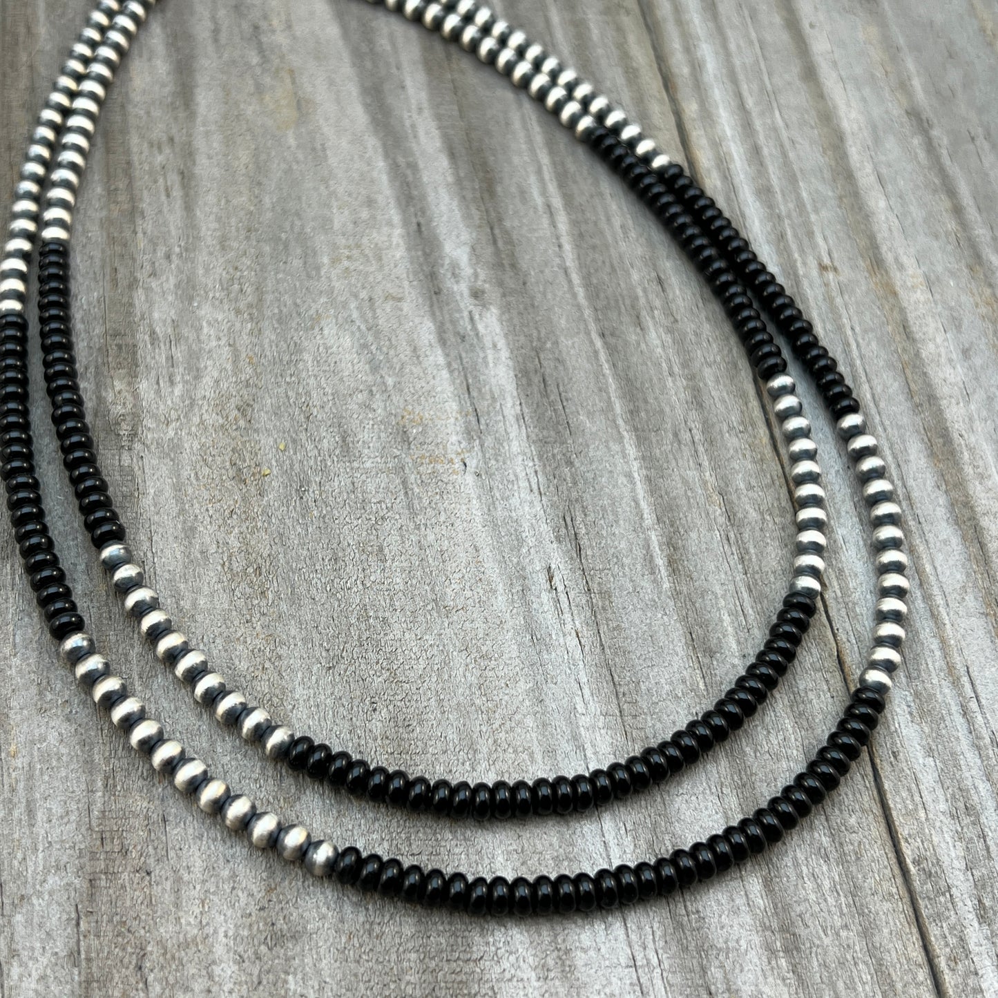 Real 925 sterling silver 4mm Black Onyx Necklace Oxidized Pearl BOHO Western Jewelry
