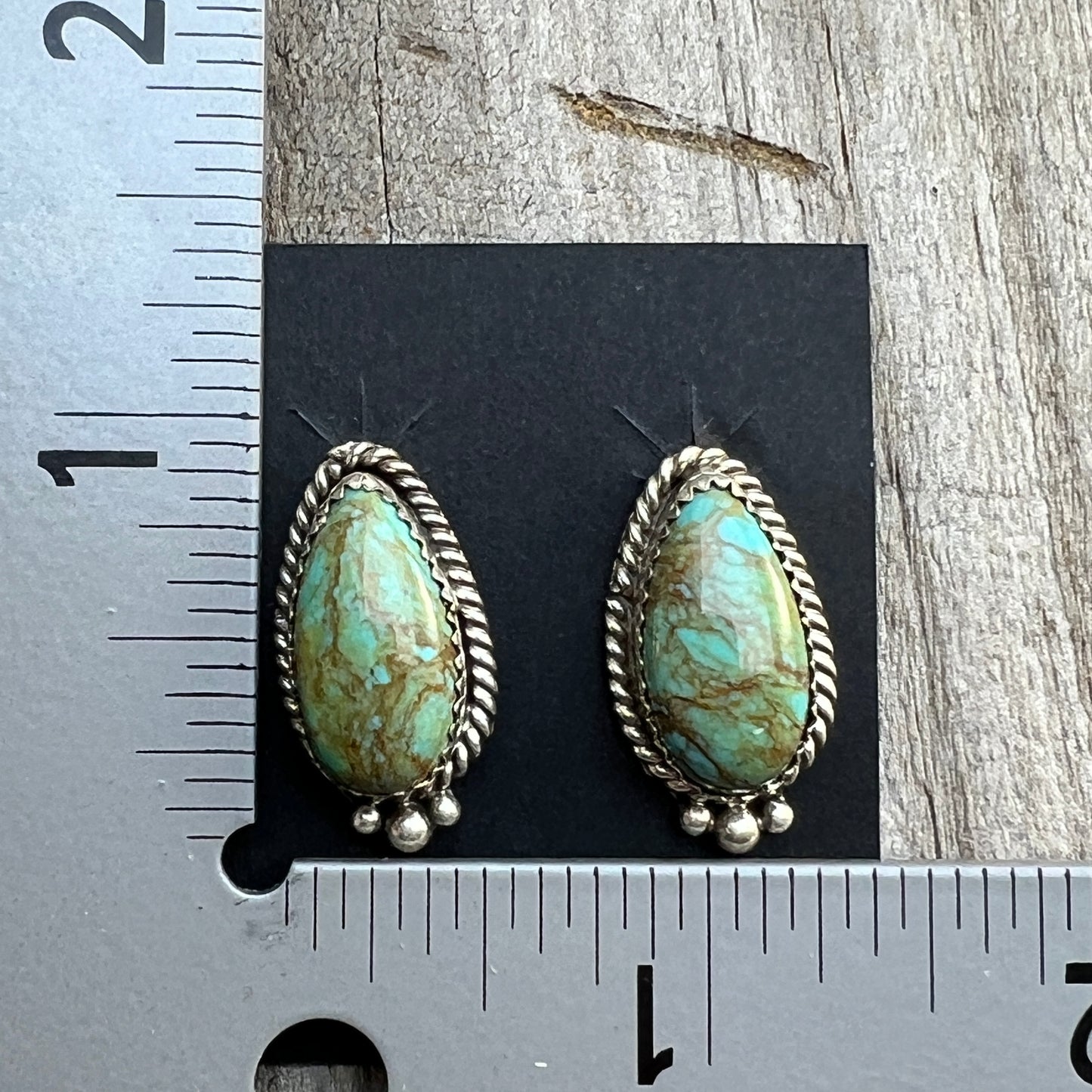 Green Kingman Turquoise Teardrop stud earrings sterling silver Theresa Smith Navajo 721