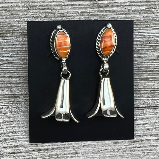 Orange Spiny Squash Blossom dangle earrings sterling silver turquoise Sheena Jack 410