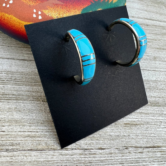 Narrow Turquoise Hoop Inlay Earrings, Zuni artist, Phil Chavez, Sterling Silver Skinny Hoops