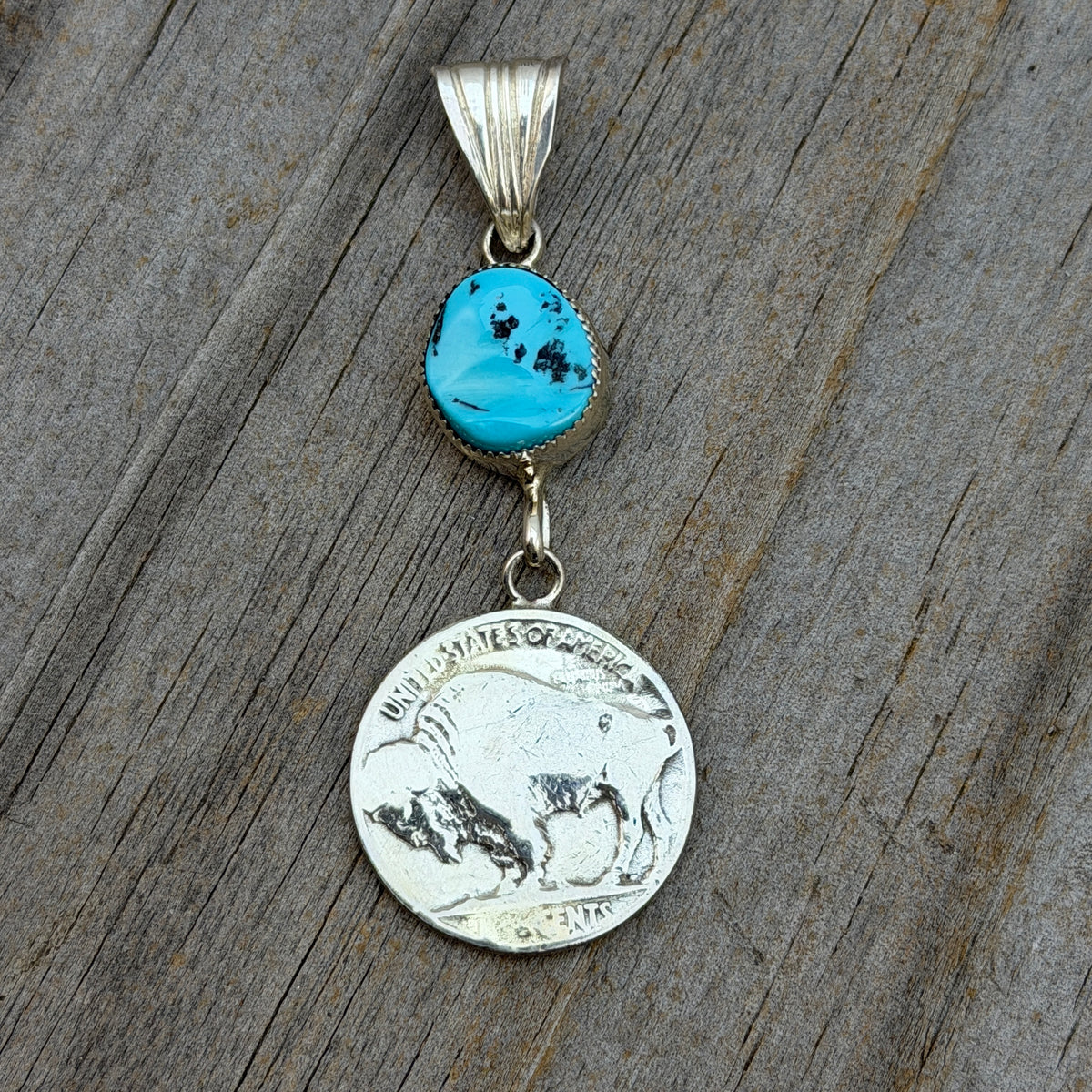 Buffalo nickel coin turquoise pendant Sharon McCarthy Navajo PD3