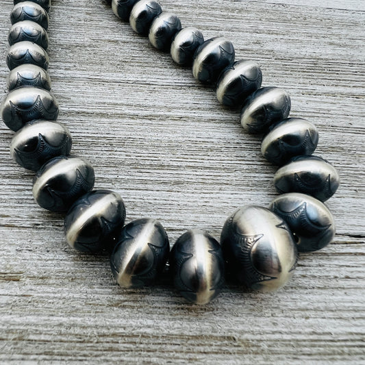 20" Sterling silver Handmade Navajo Pearl Graduated stamped bead necklace Bryannen Halwood signed