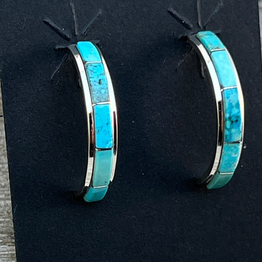 Small Turquoise 7/8" narrow turquoise zuni hoop earrings sterling silver Gloria Waseta 422