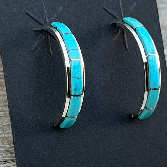 Small Turquoise 7/8" narrow turquoise zuni hoop earrings sterling silver Gloria Waseta 423