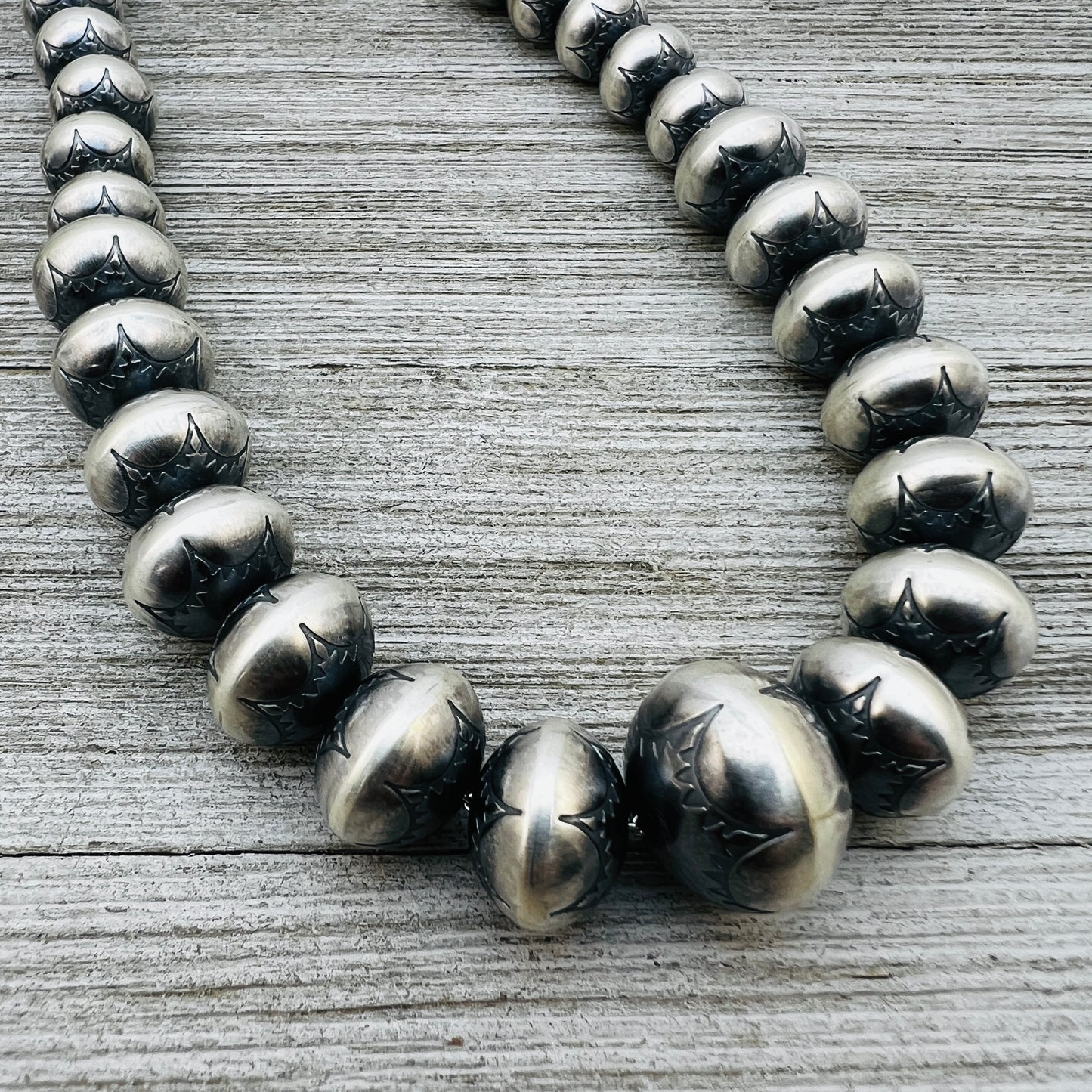 28" Sterling silver Handmade Navajo Pearl Graduated stamped bead necklace Bryannen Halwood signed