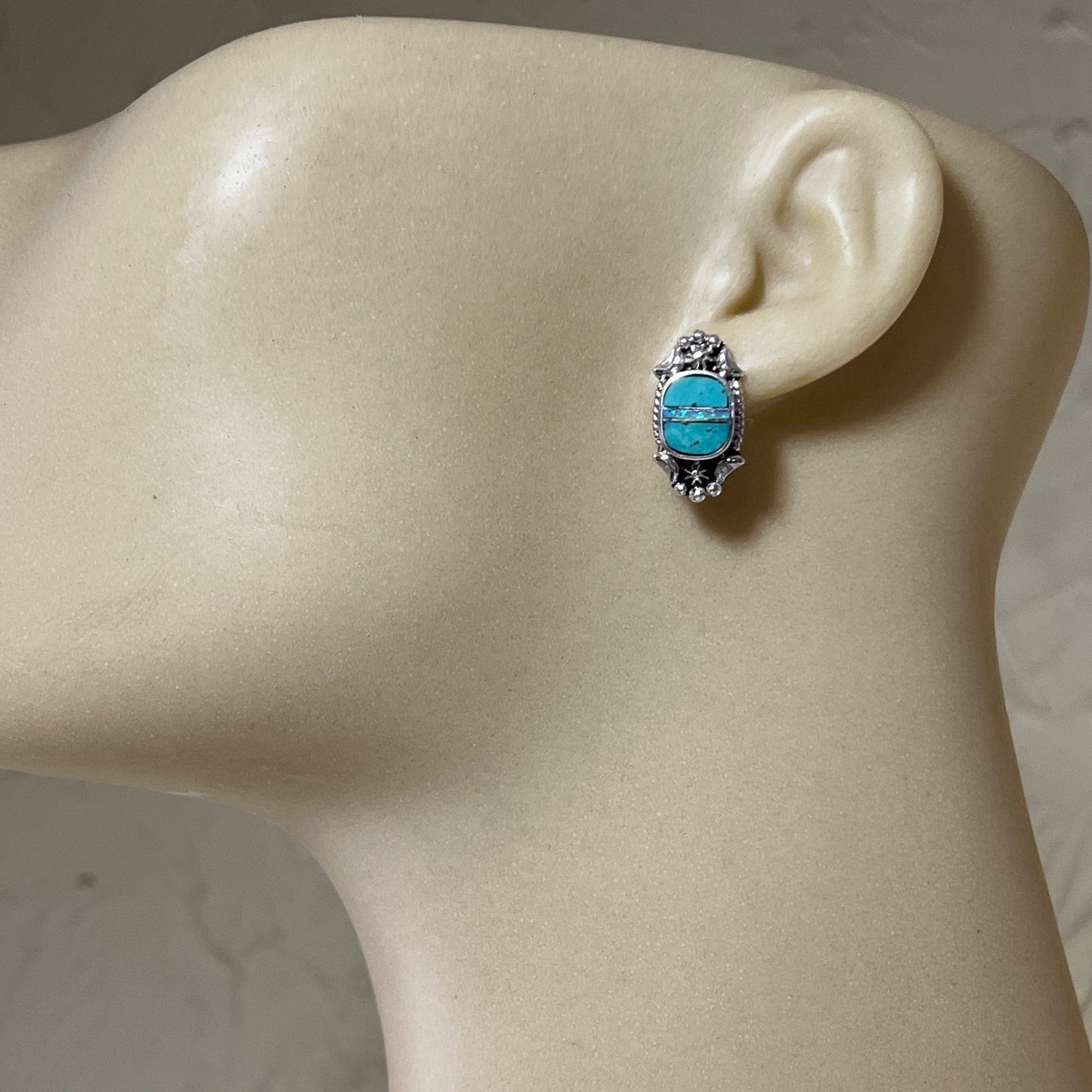 Modern Turquoise Opal inlay Stud Earrings Sterling Silver James Manygoats Navajo 669