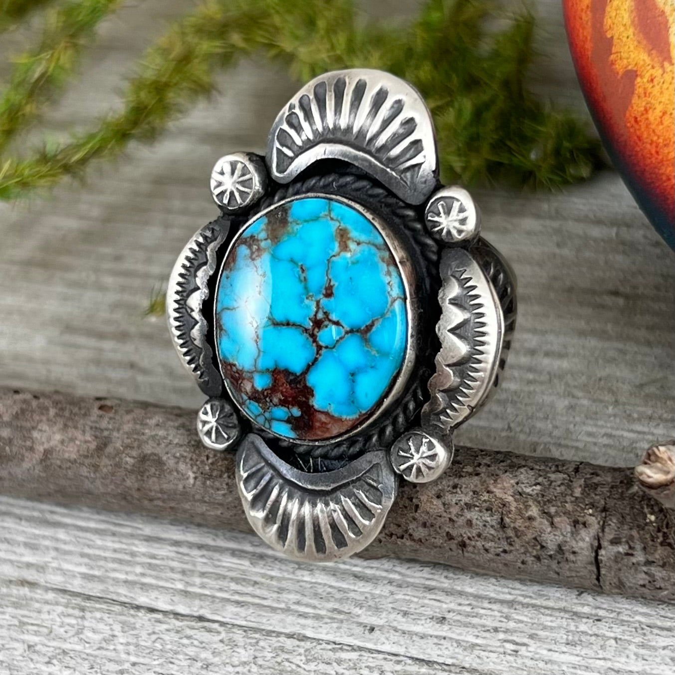 Size 8 / H  Beautiful High Grade, Blue, Kingman spiderweb Turquoise ring, Heavy handmade by Navajo artist, Gilbert Tom, signed,