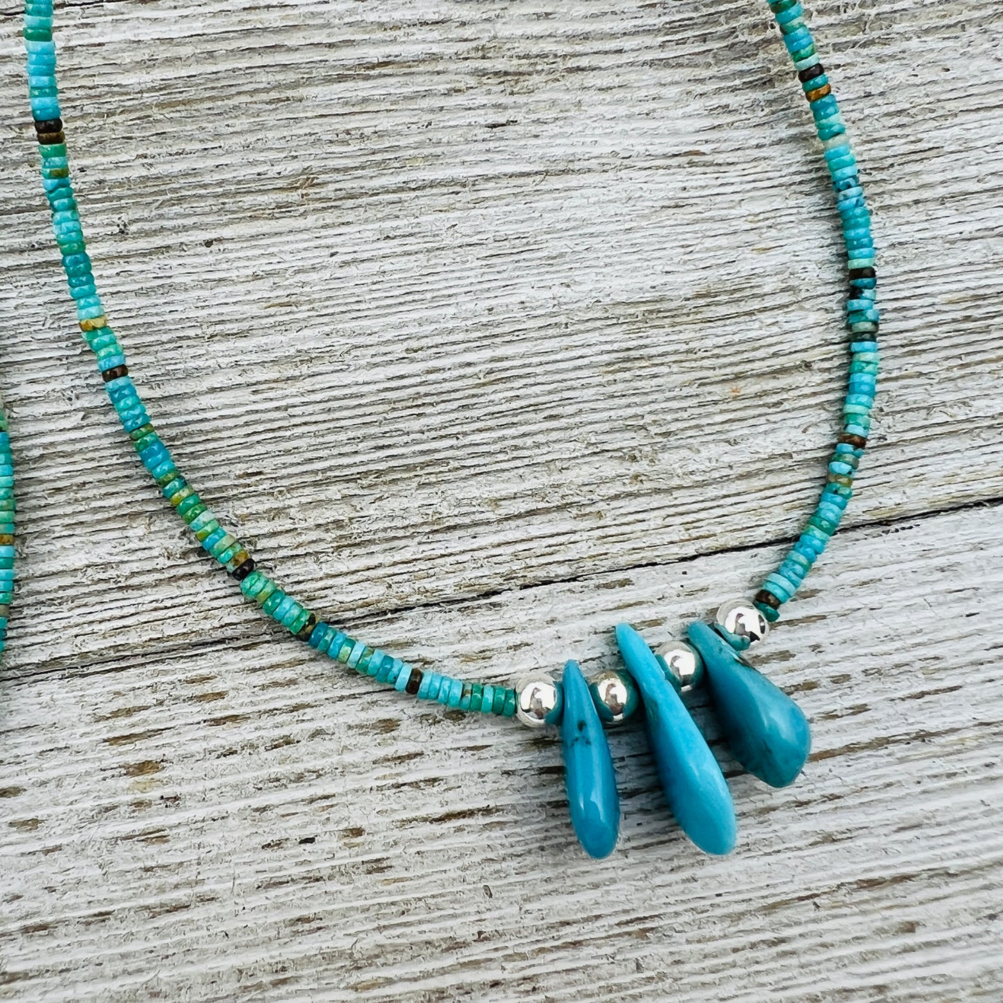 17 1/2" Blue Kingman turquoise heishi necklace with teardrop beads Doreen Jake Navajo