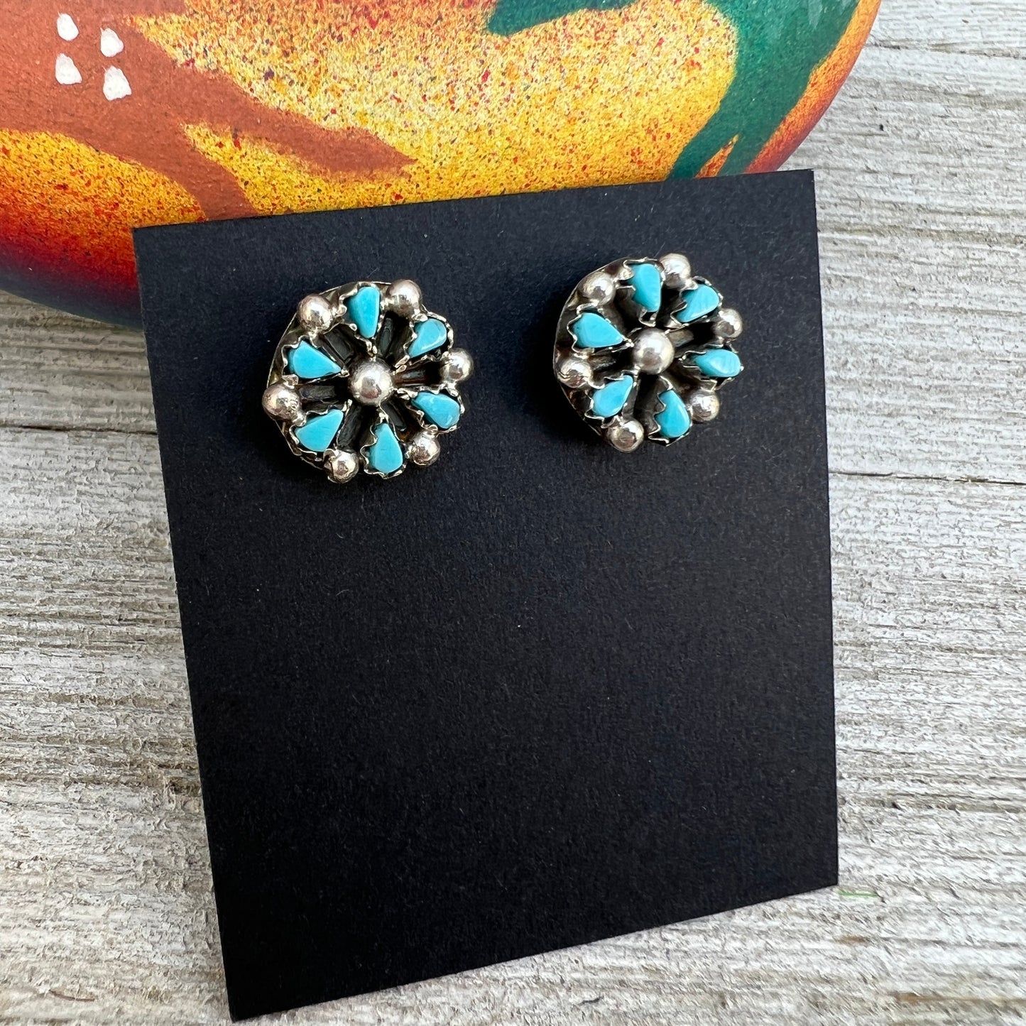 Small 10mm round Zuni Petit Point cluster Turquoise Stud Earrings, Tricia Leekity, sterling silver