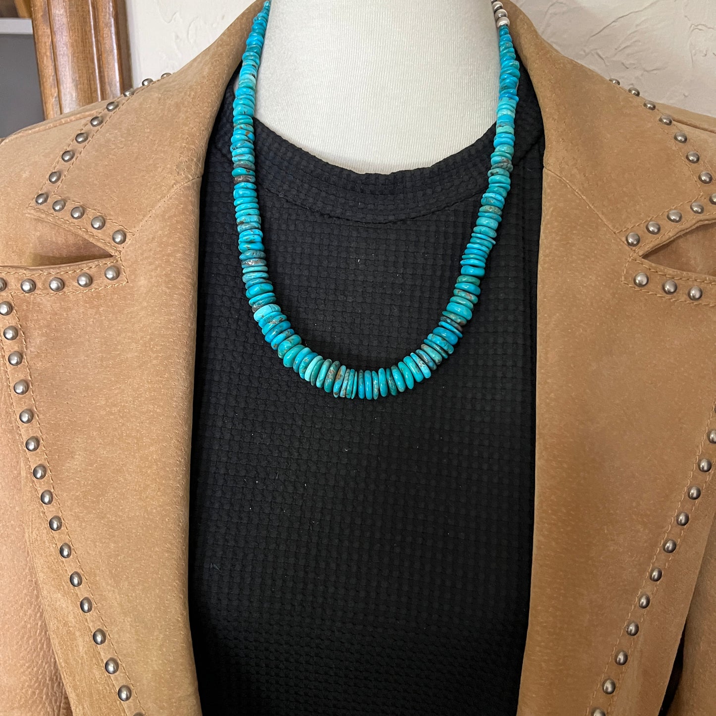 22" blue Turquoise graduated rondelle bead necklace choker Doreen Jake Navajo 782