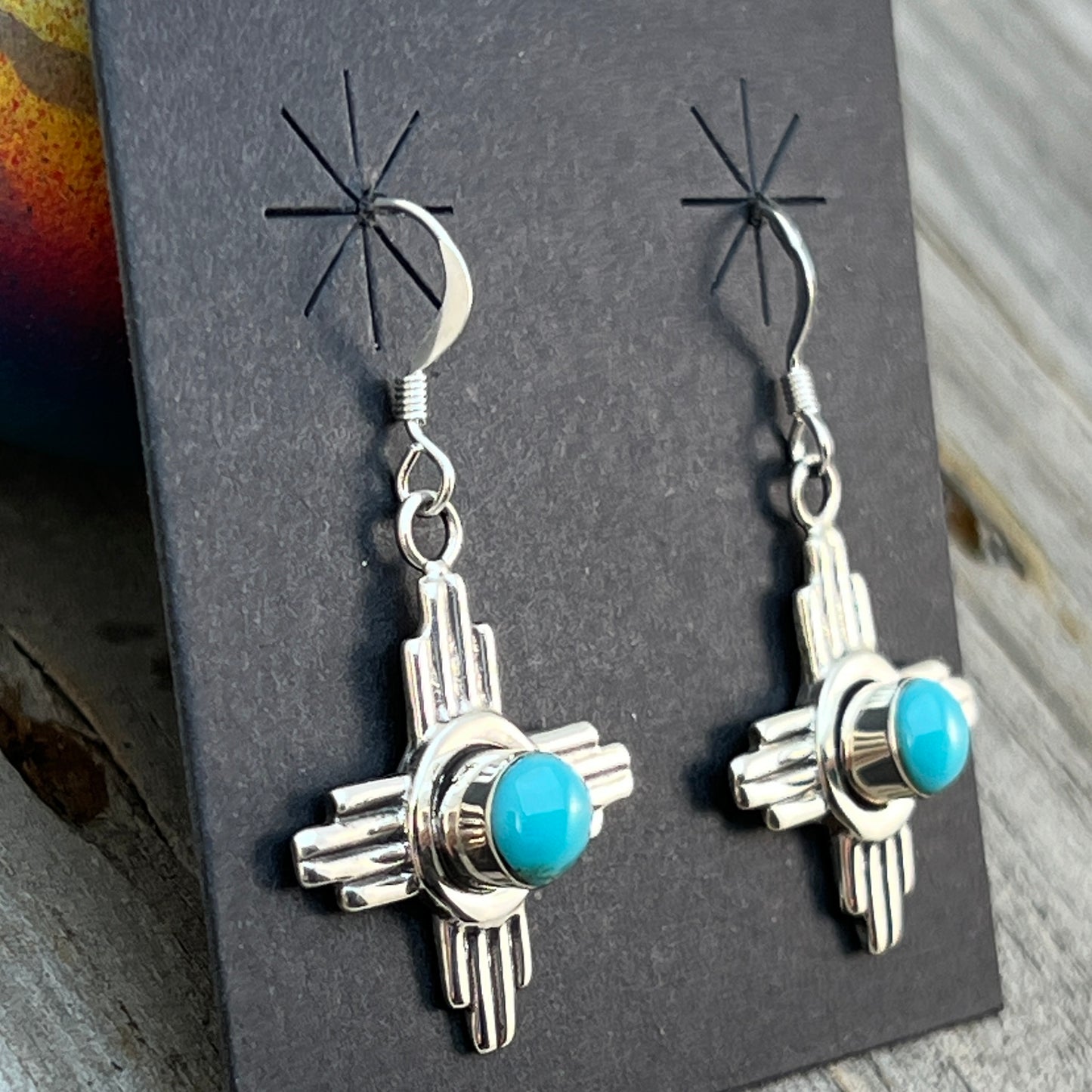 Sterling silver Zia Sun turquoise earrings Franklin Johnson Navajo 685