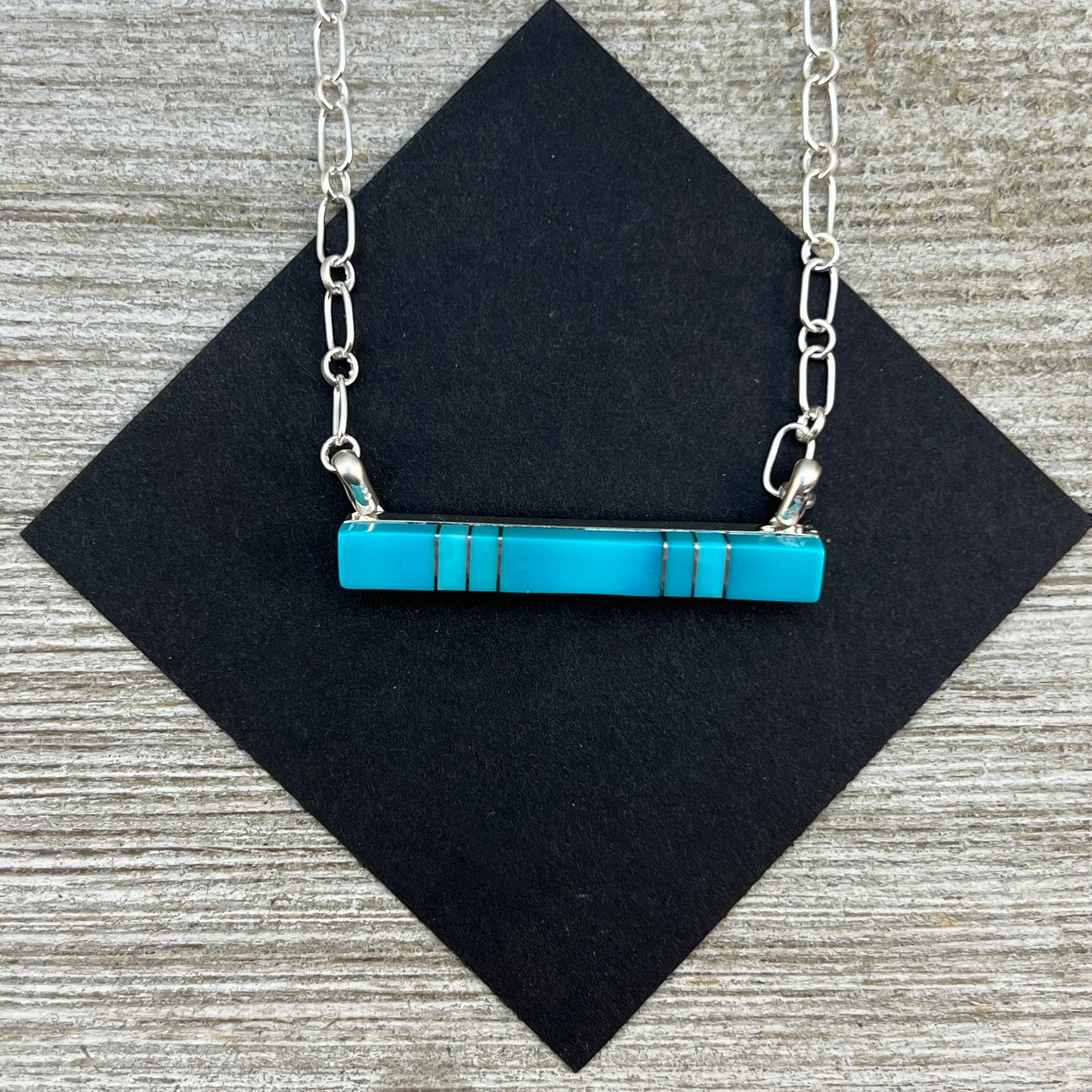 20"Blue Kingman Turquoise Bar Necklace Zuni MaDerral Kallestewa sterling silver 2