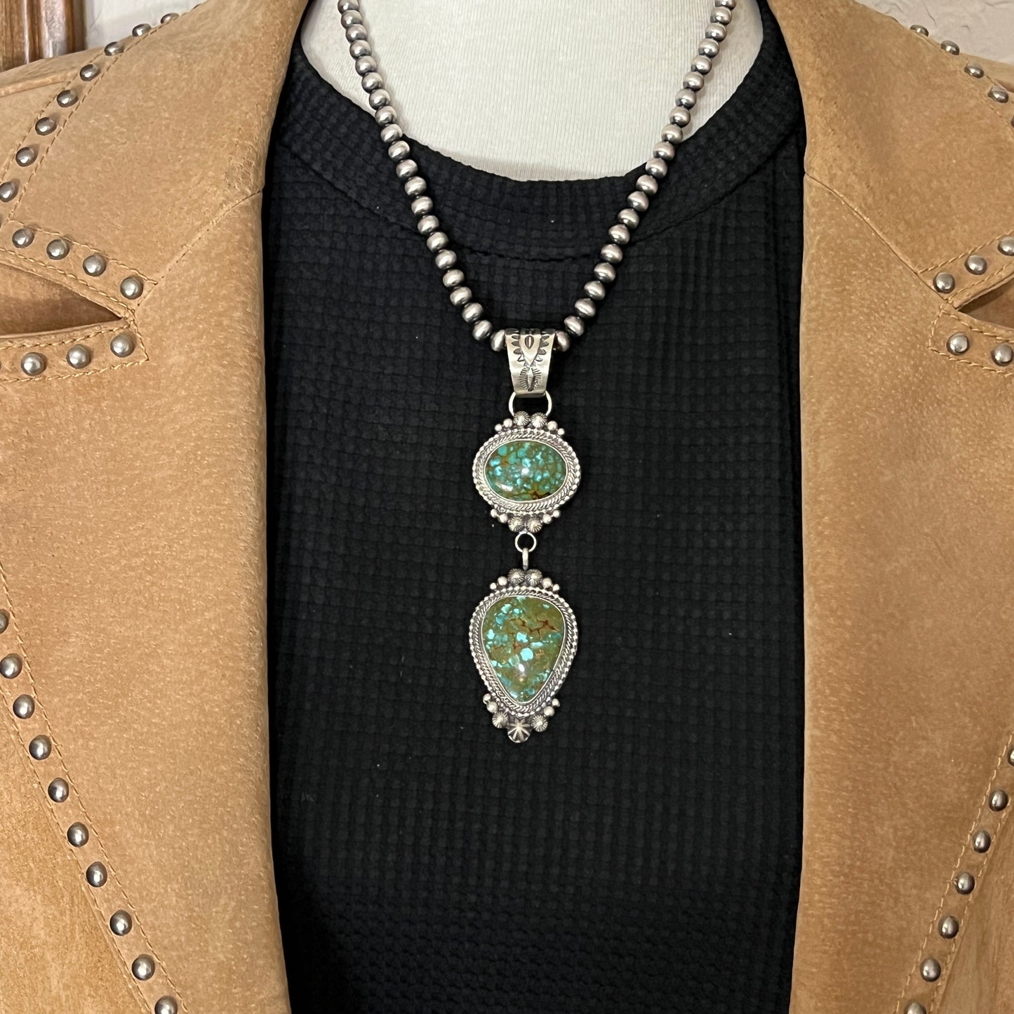 18" Necklace Sonoran Gold green blue turquoise tom lewis sterling silver Navajo 827