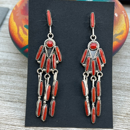 Long Red Natural Mediterranean Coral Zuni Earrings Authentic Claudine Penketewa