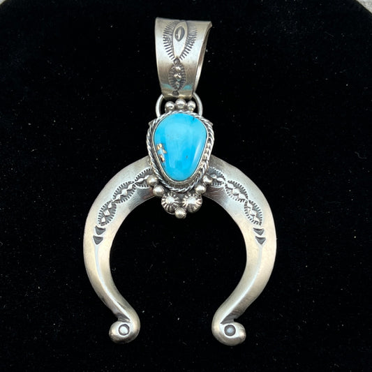 Blue Kingman Turquoise Naja Pendant #3, Navajo Samuel Yellowhair Sterling Silver