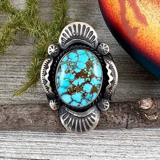 Size 8 / C  Beautiful High Grade, Blue, Kingman spiderweb Turquoise ring, Heavy handmade by Navajo artist, Gilbert Tom, signed,