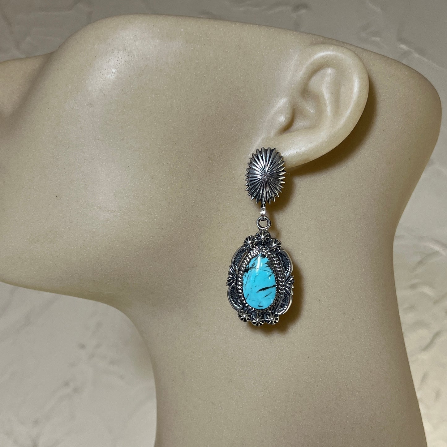 Gorgeous Blue Turquoise Drop Earrings, Navajo handmade sterling silver Angie Platero