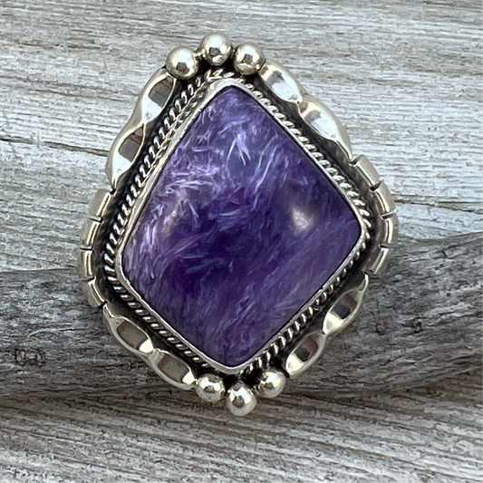 Size 8 Charoite sterling silver handmade ring #3, Navajo Samuel Yellowhair