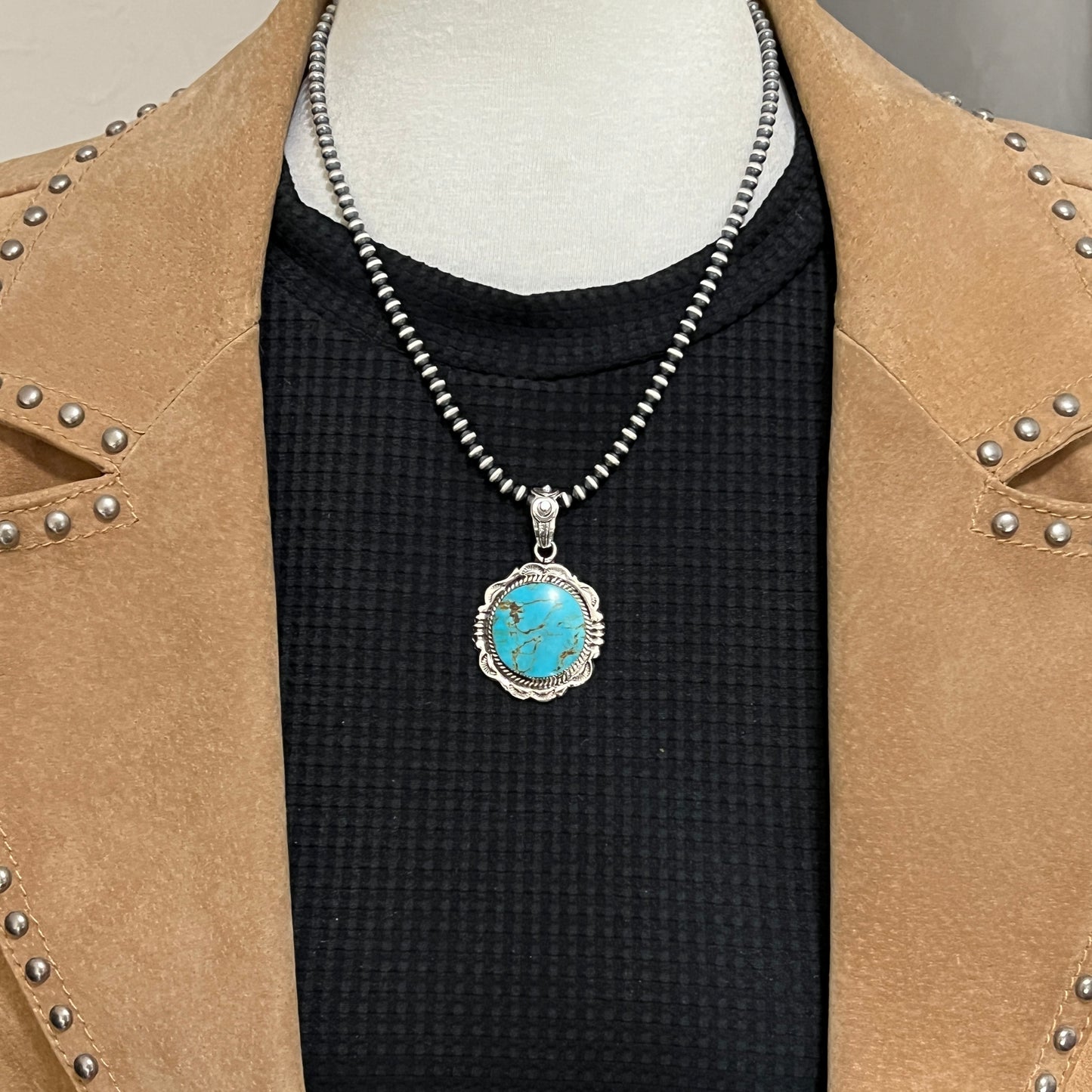 Kingman Turquoise Pendant Sterling silver Navajo handmade Jeremy Delgarito 550
