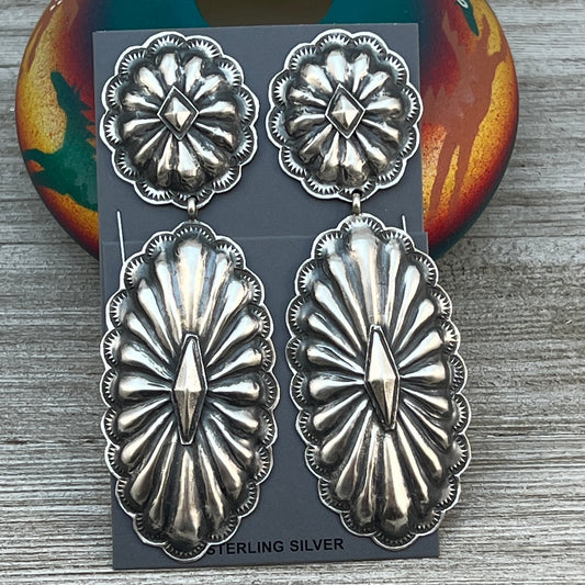 Navajo handmade large Concho long dangle earrings sterling silver Rita Lee