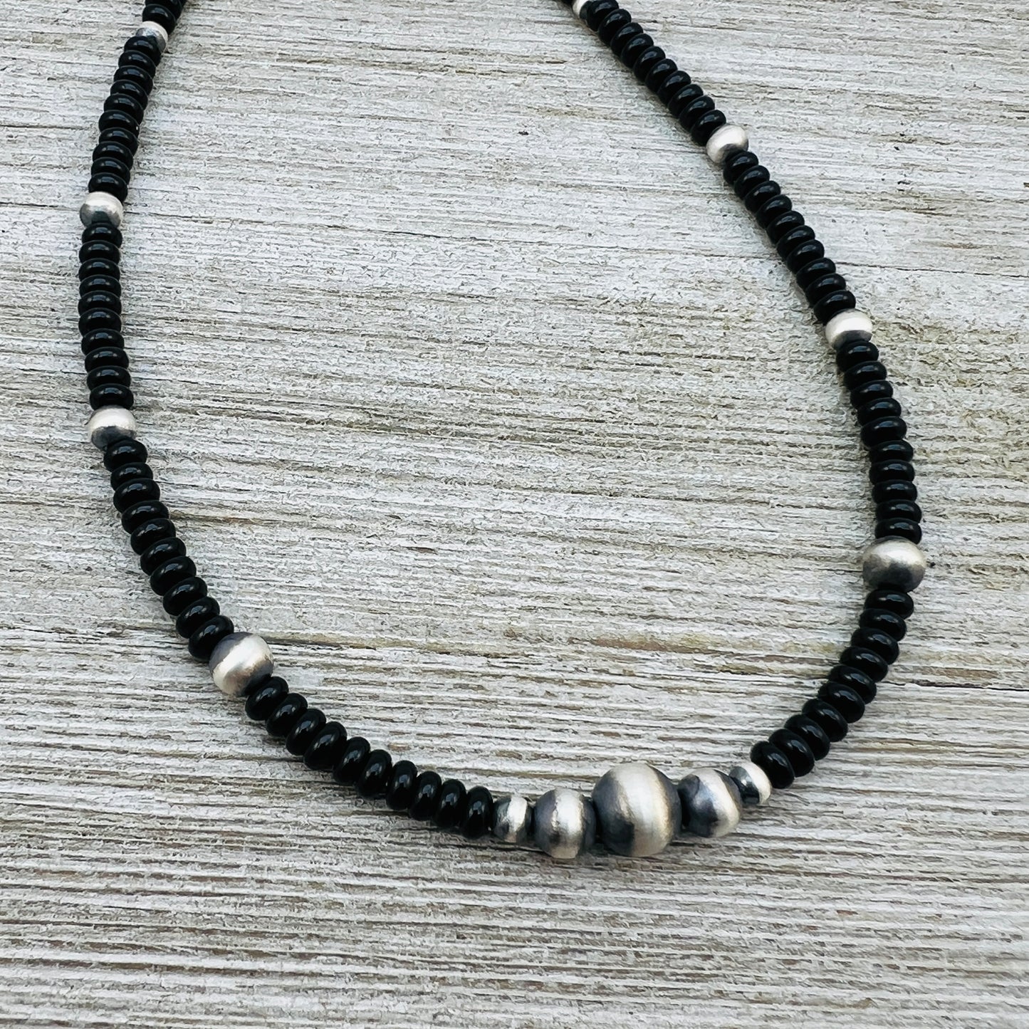 13" 14" 15" 16" 17" adjustable choker, Real Sterling Silver, oxidized, Black Onyx Bead Necklace, Western Boho Pearl