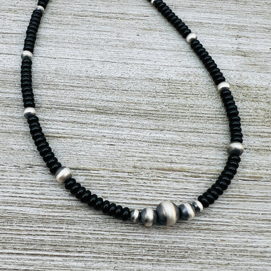 13" 14" 15" 16" 17" adjustable choker, Real Sterling Silver, oxidized, Black Onyx Bead Necklace, Western Boho Pearl