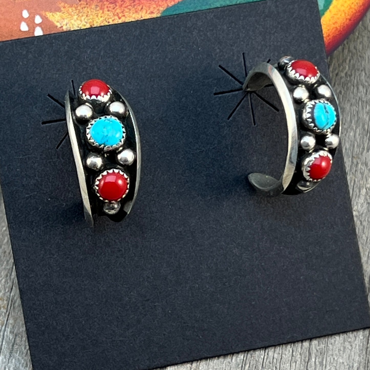 7/8" Turquoise Red Coral Hoop Earrings Navajo handmade by Paul Largo sterling silver 645